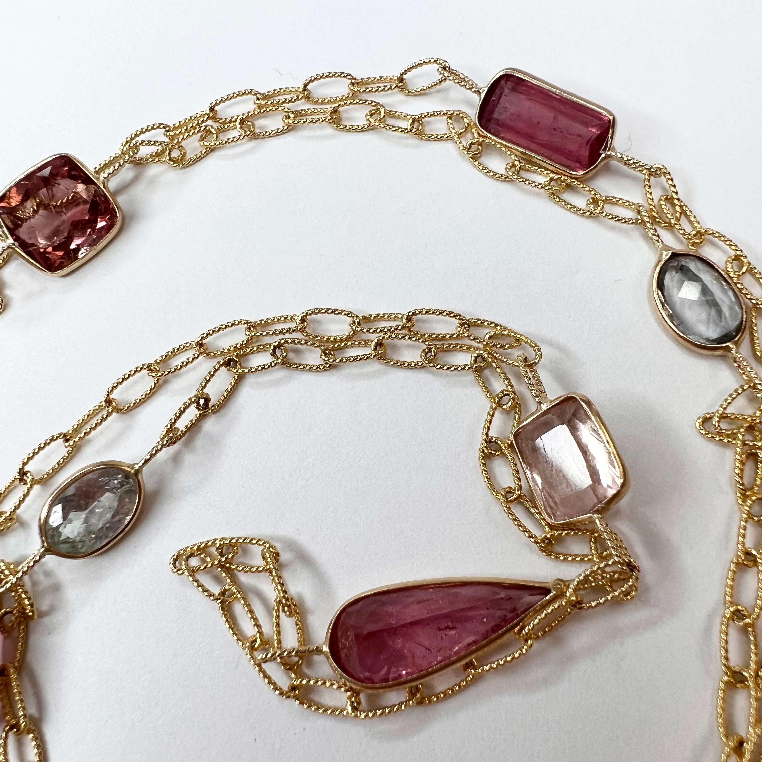 Tourmaline Gemstone 38" 14K Yellow Gold Textured Oval Link Chain Necklace