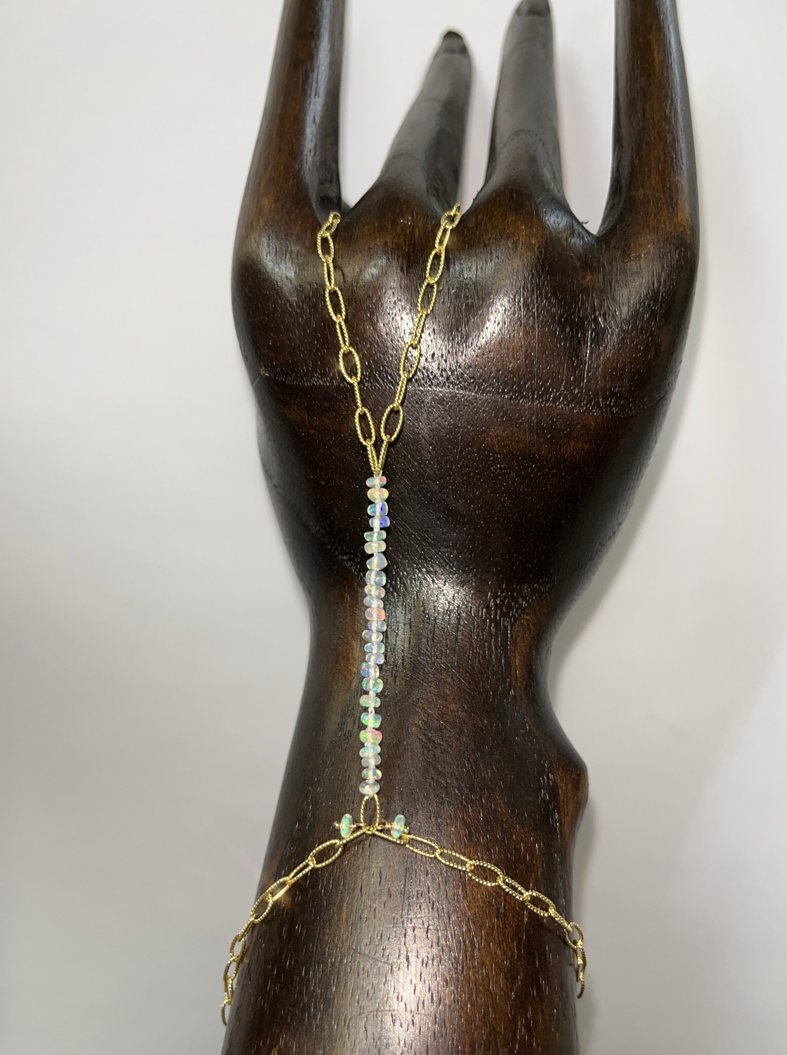Beautiful Beaded Opal on a Textured 14K Yellow Gold Paperclip Hand Chain