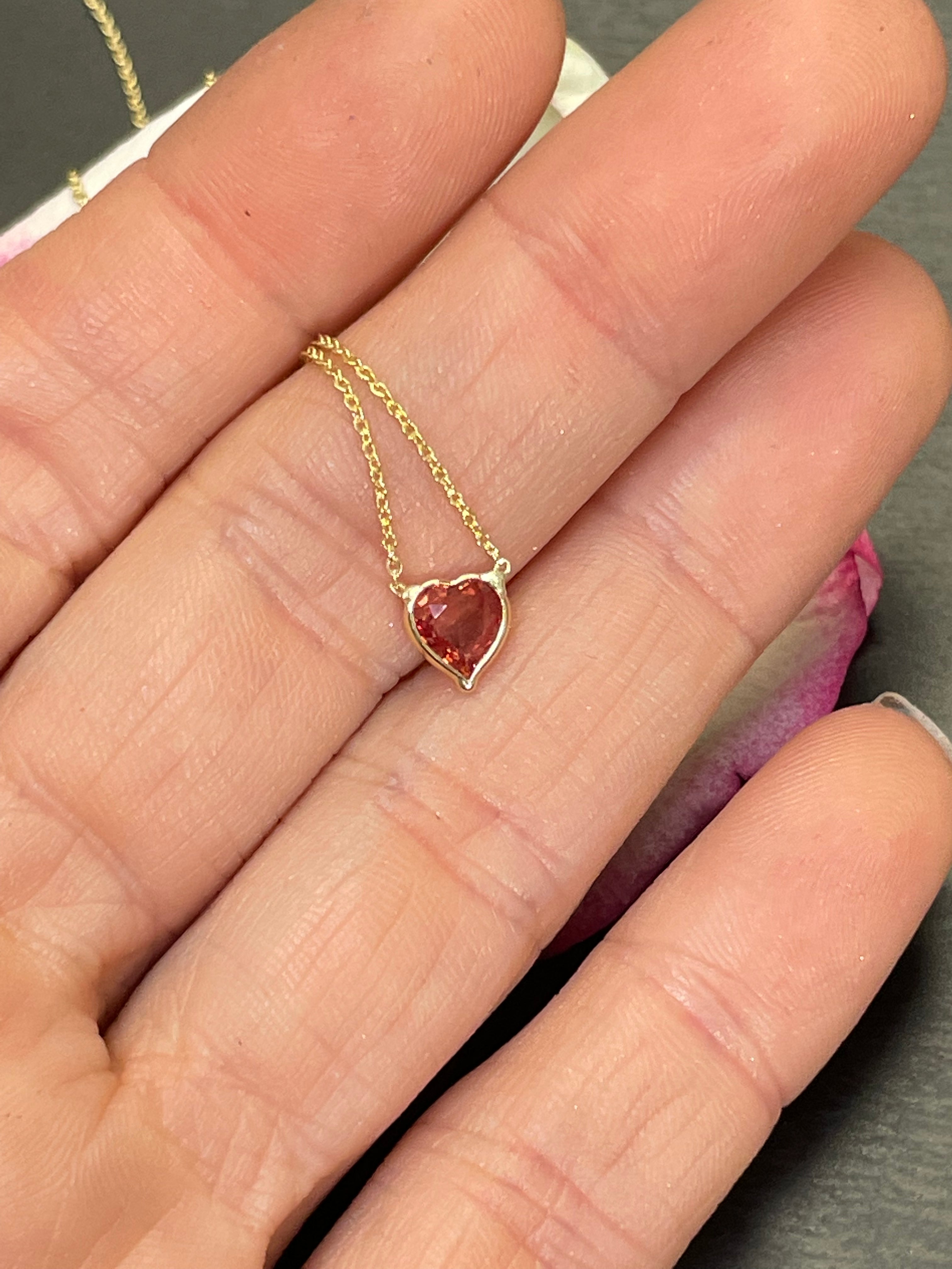 Natural Reddish Orange Sapphire Heart 14K Yellow Gold Necklace 16-18"