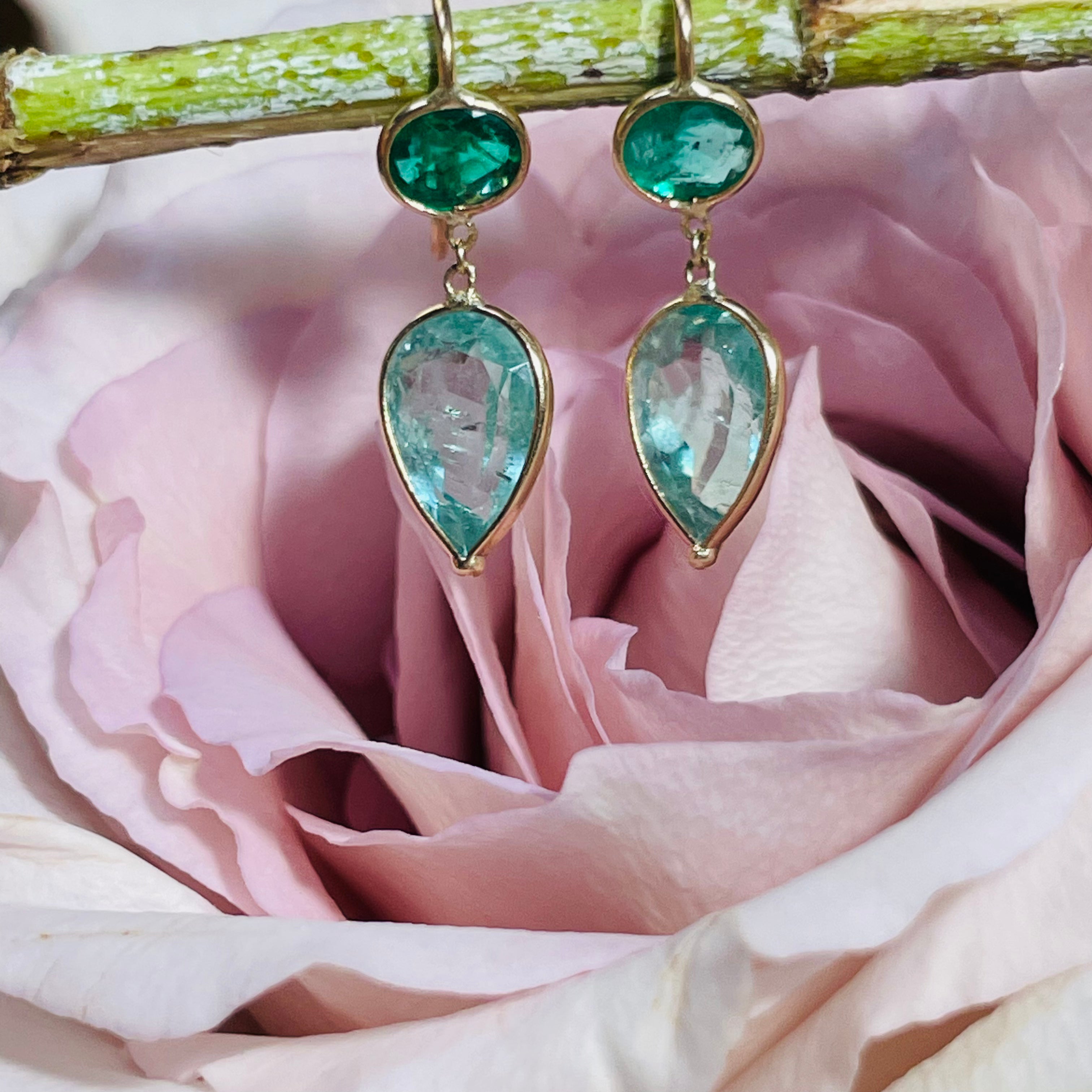 Natural Light and Dark Colombian Emerald 14K Yellow Gold Drop Earrings