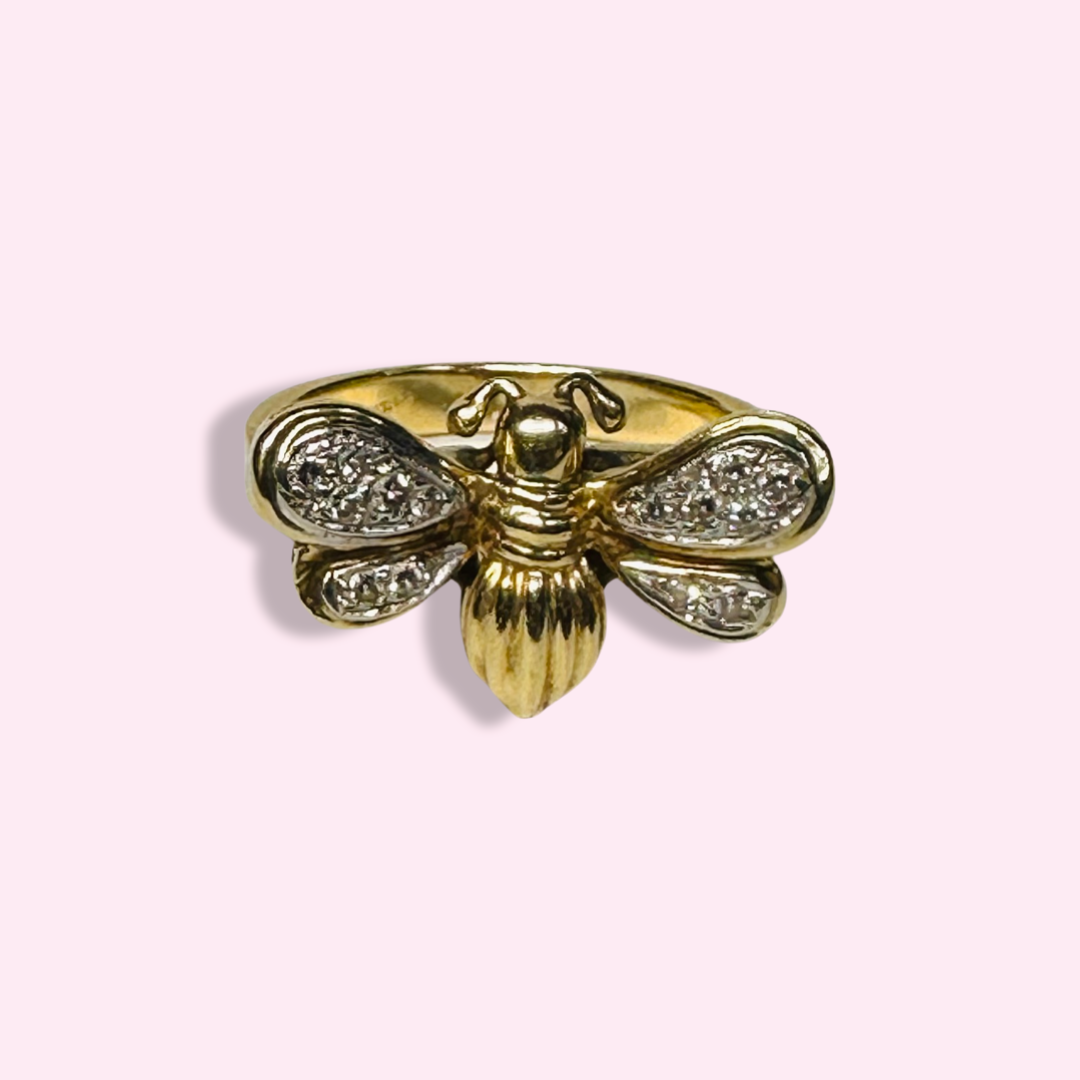 14K Yellow Gold Bee Diamond Winged Ring