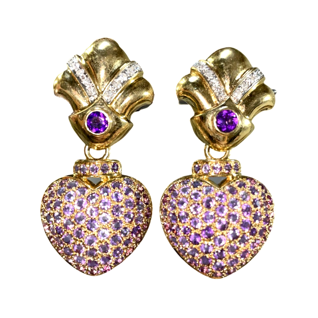 Amethyst Pave and Diamond Drop Earrings 14K Yellow Gold