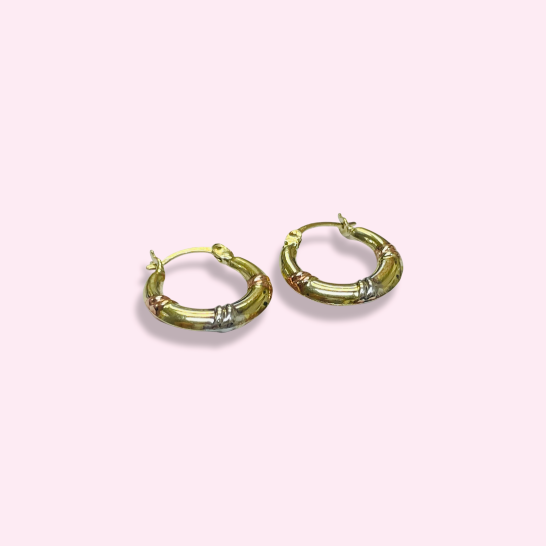 .65” 10K Tritone Rose White Yellow Gold Tapered Puffed Stripes Hoop Earrings