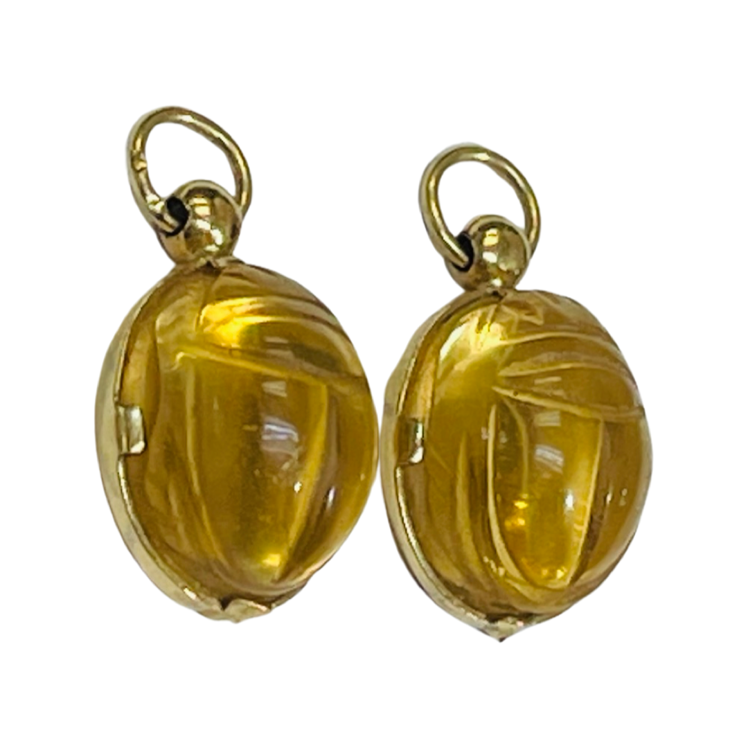 14K Yellow Gold Citrine Scarab Earring Charms for Hoops