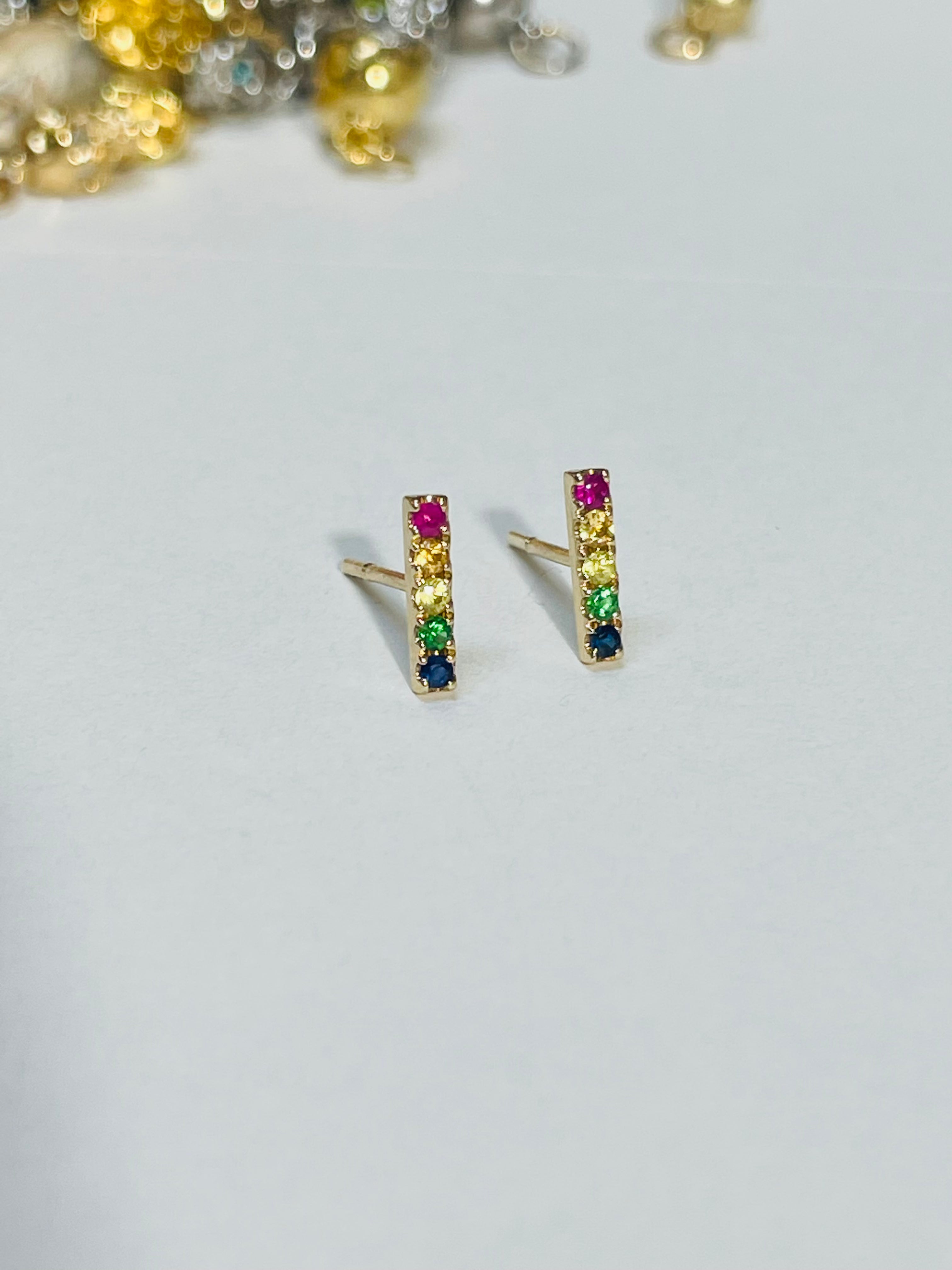 Natural Sapphire 14K Yellow Gold Rainbow Bar Earrings Multi Stone 10x2mm