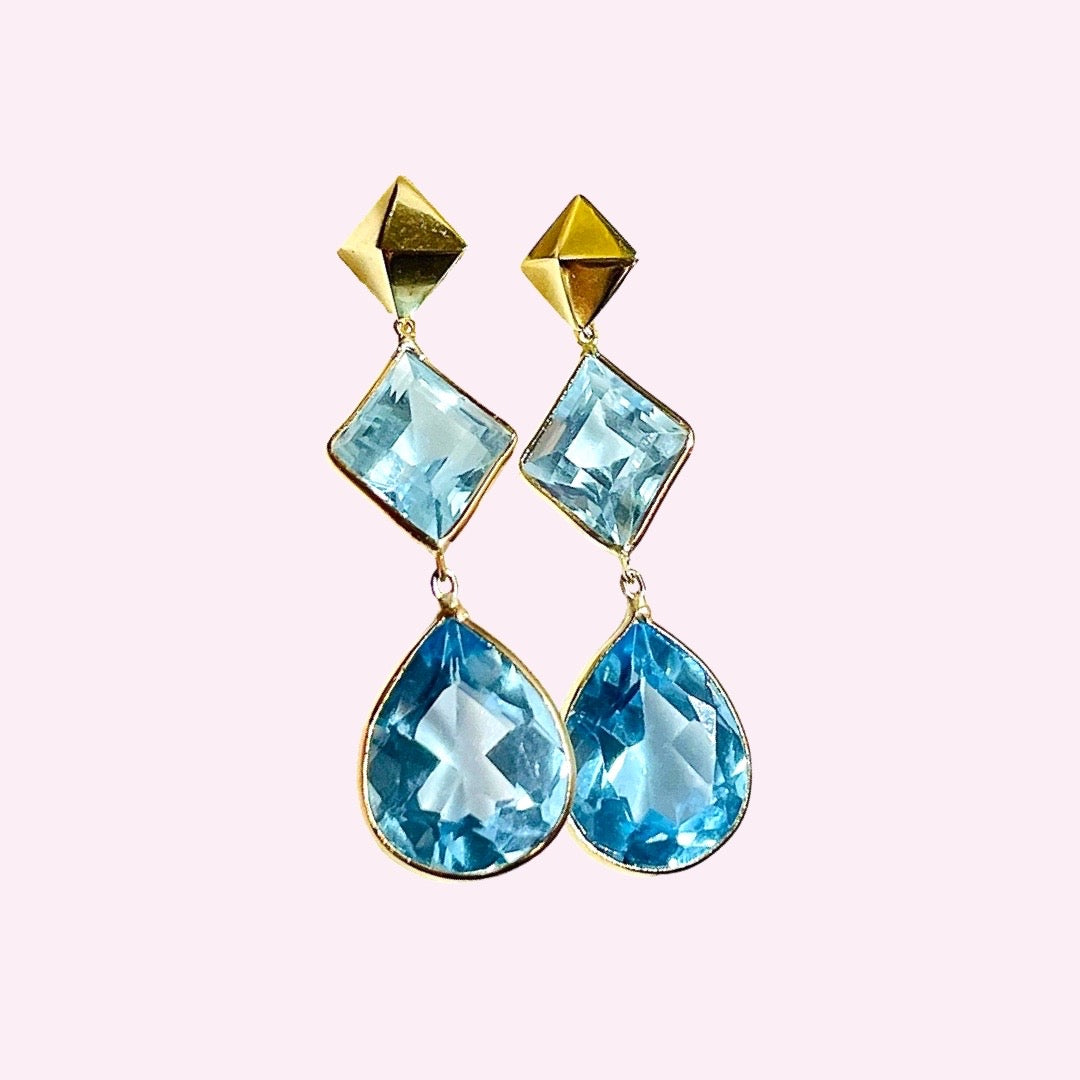 Blue Topaz Lozenge and Pear Shape Drop Earrings 14K Yellow Gold