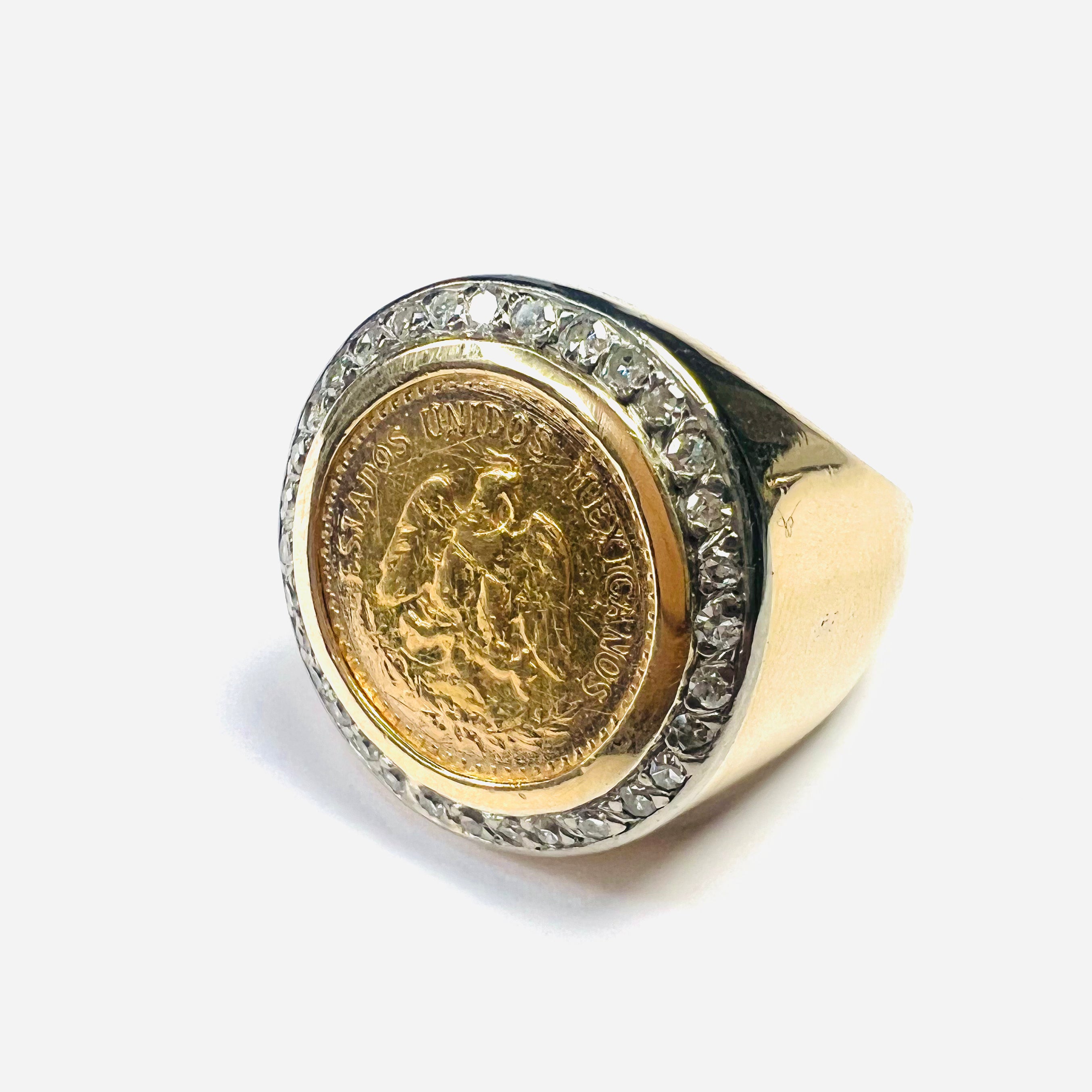 14K Yellow Gold Mexican Coin .32ctw Diamond Ring Band Size 8