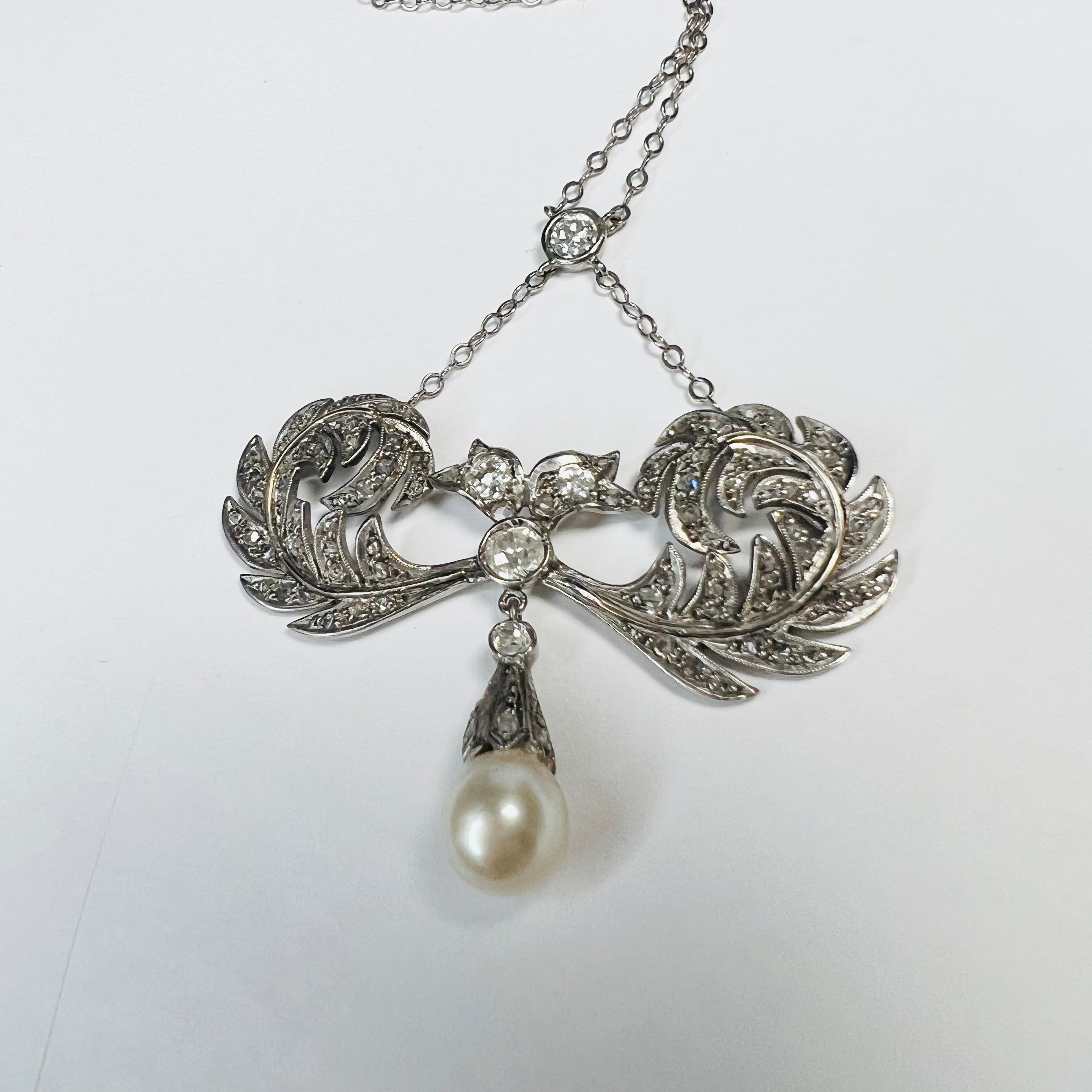 18K White Gold Edwardian Pearl & Old Mine Diamond Lariat Necklace 16"