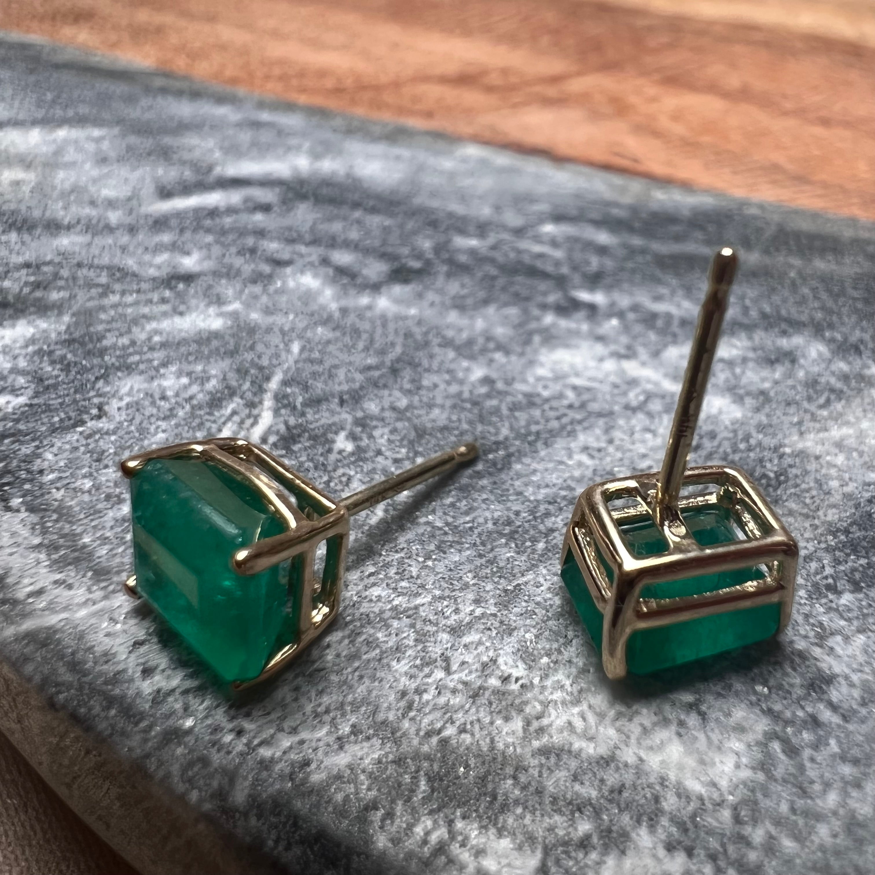 2.4CT Colombian Emerald  14K Yellow Gold Stud Earrings