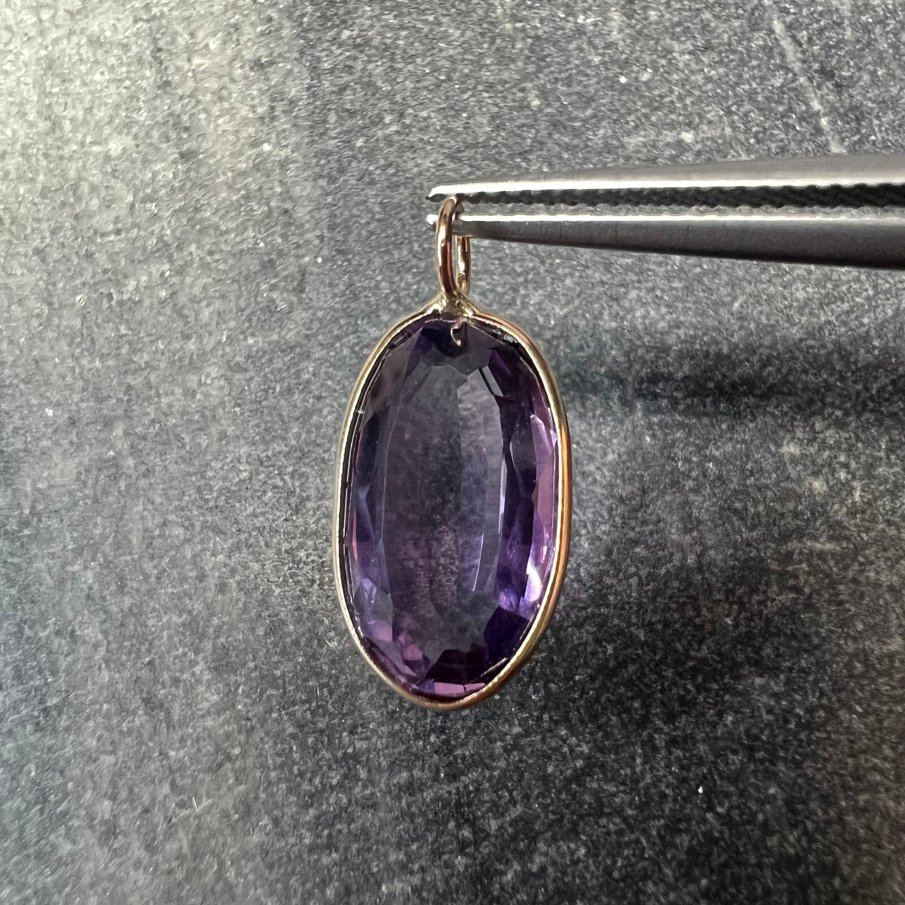 5.2CT Natural Long Oval Amethyst 14K Yellow Gold Pendant Charm 20x9mm