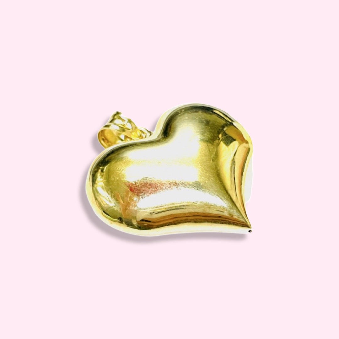 14K Yellow Gold Puffed Heart Pendant Charm 1.5”