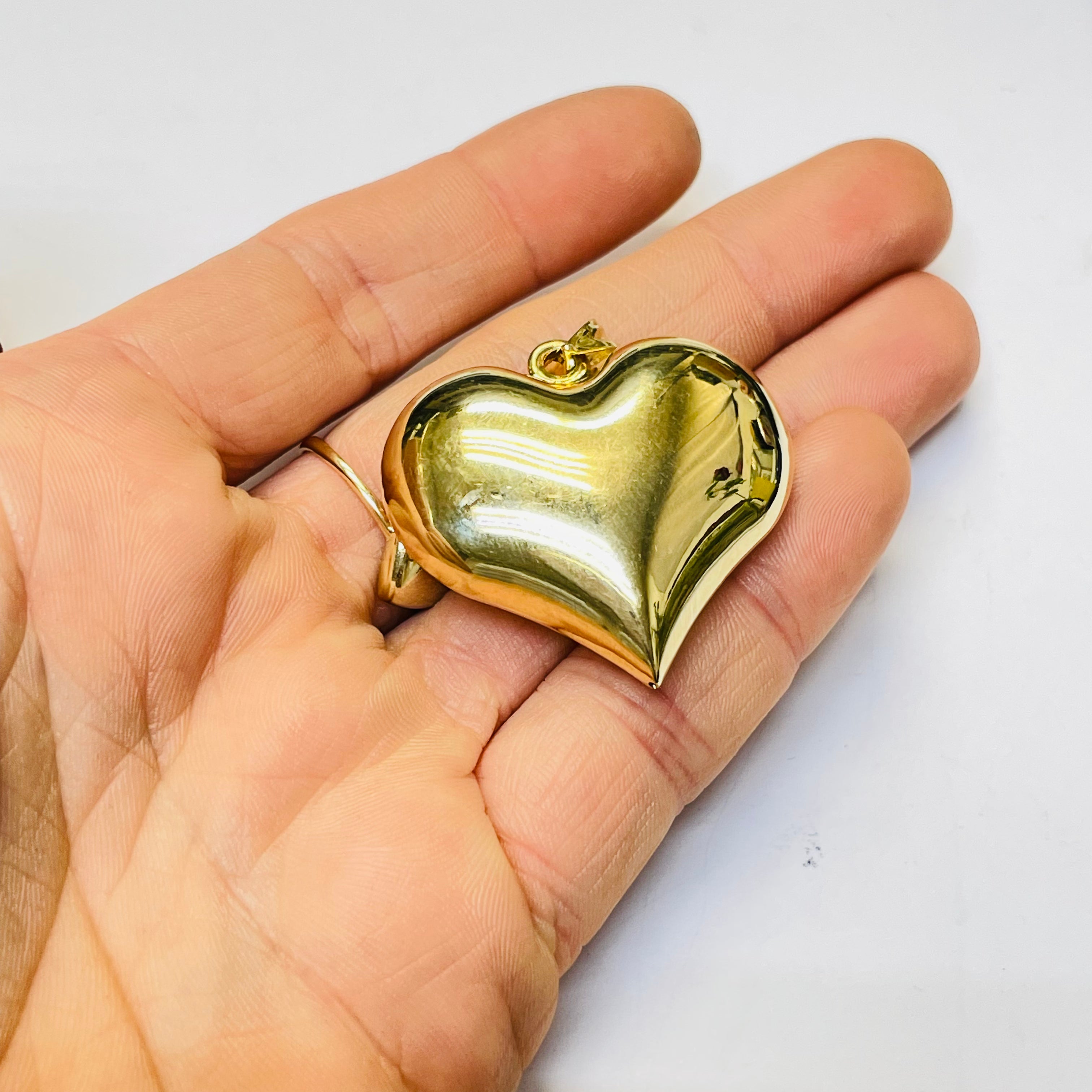 14K Yellow Gold Puffed Heart Pendant Charm 1.5”