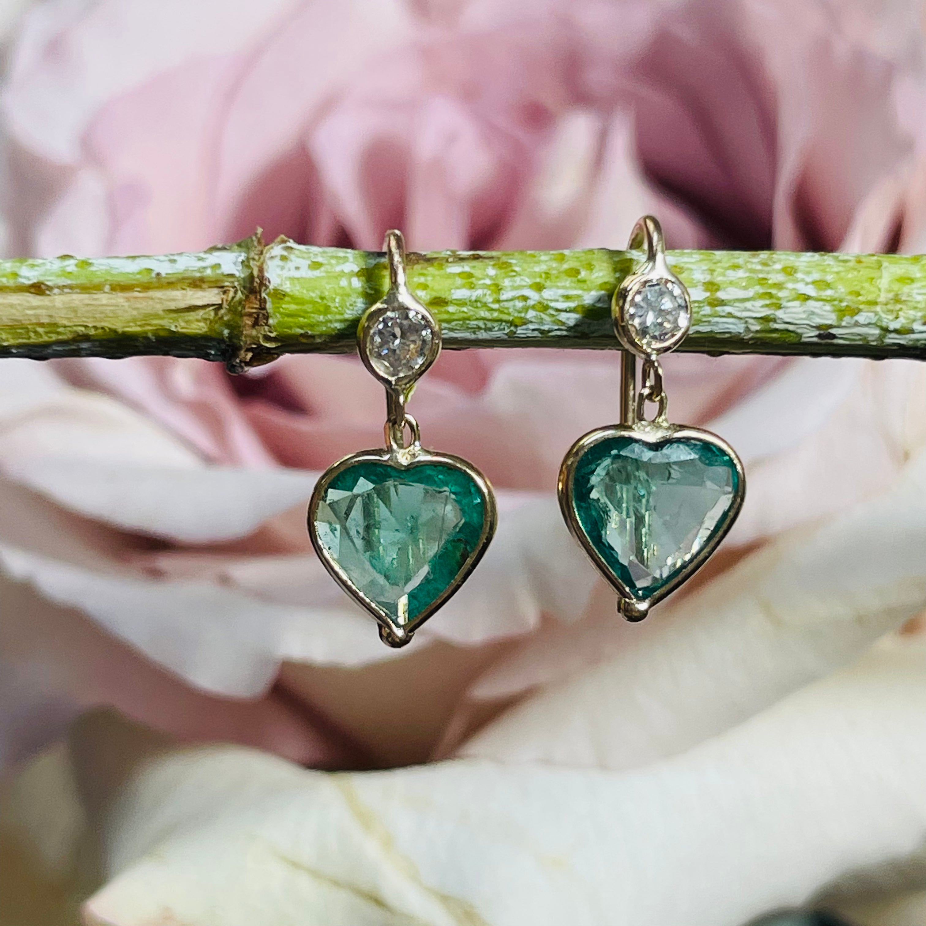 Natural Emerald Heart and Diamond 14K Yellow Earrings