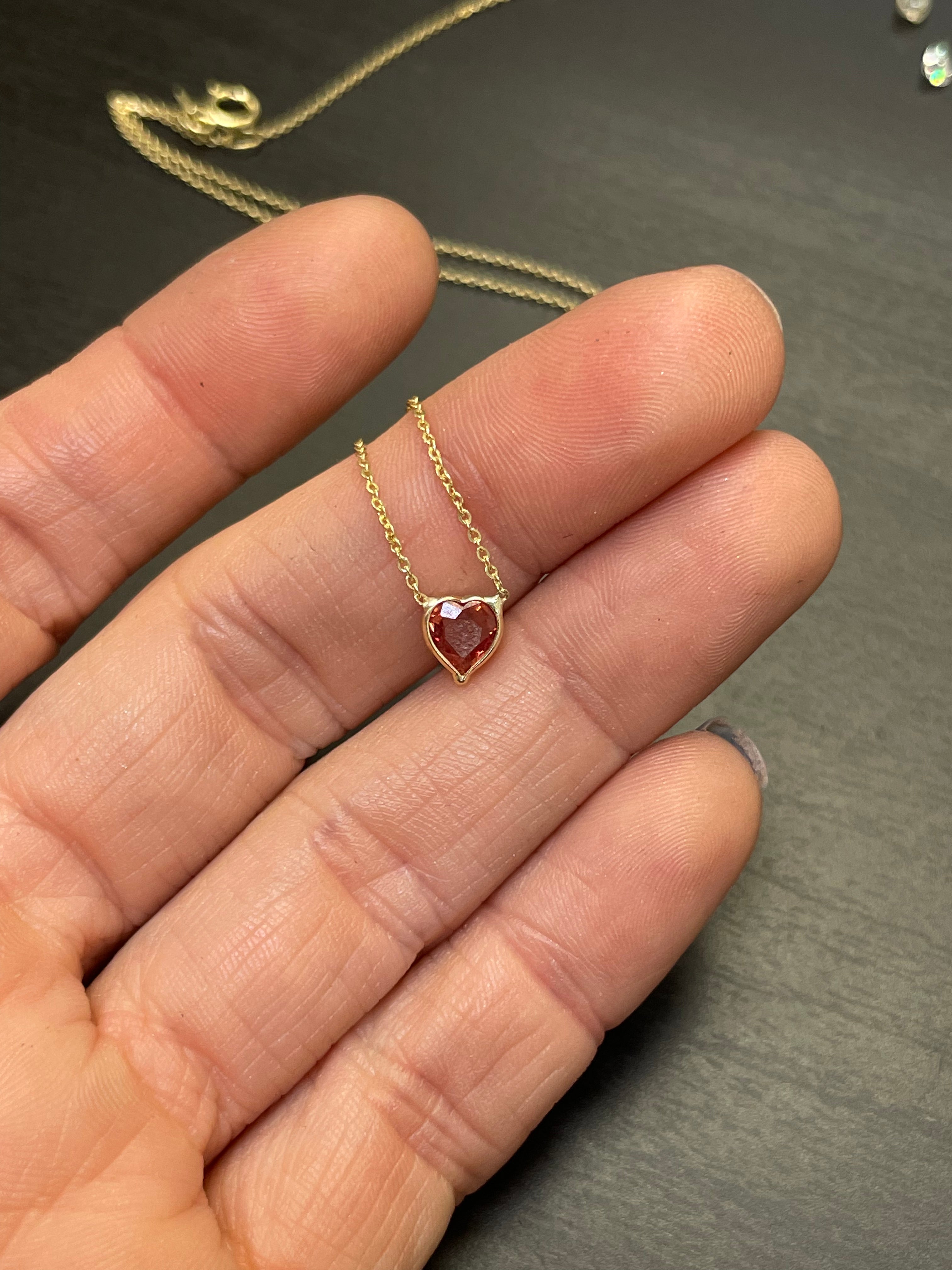 Natural Reddish Orange Sapphire Heart 14K Yellow Gold Necklace 16-18"