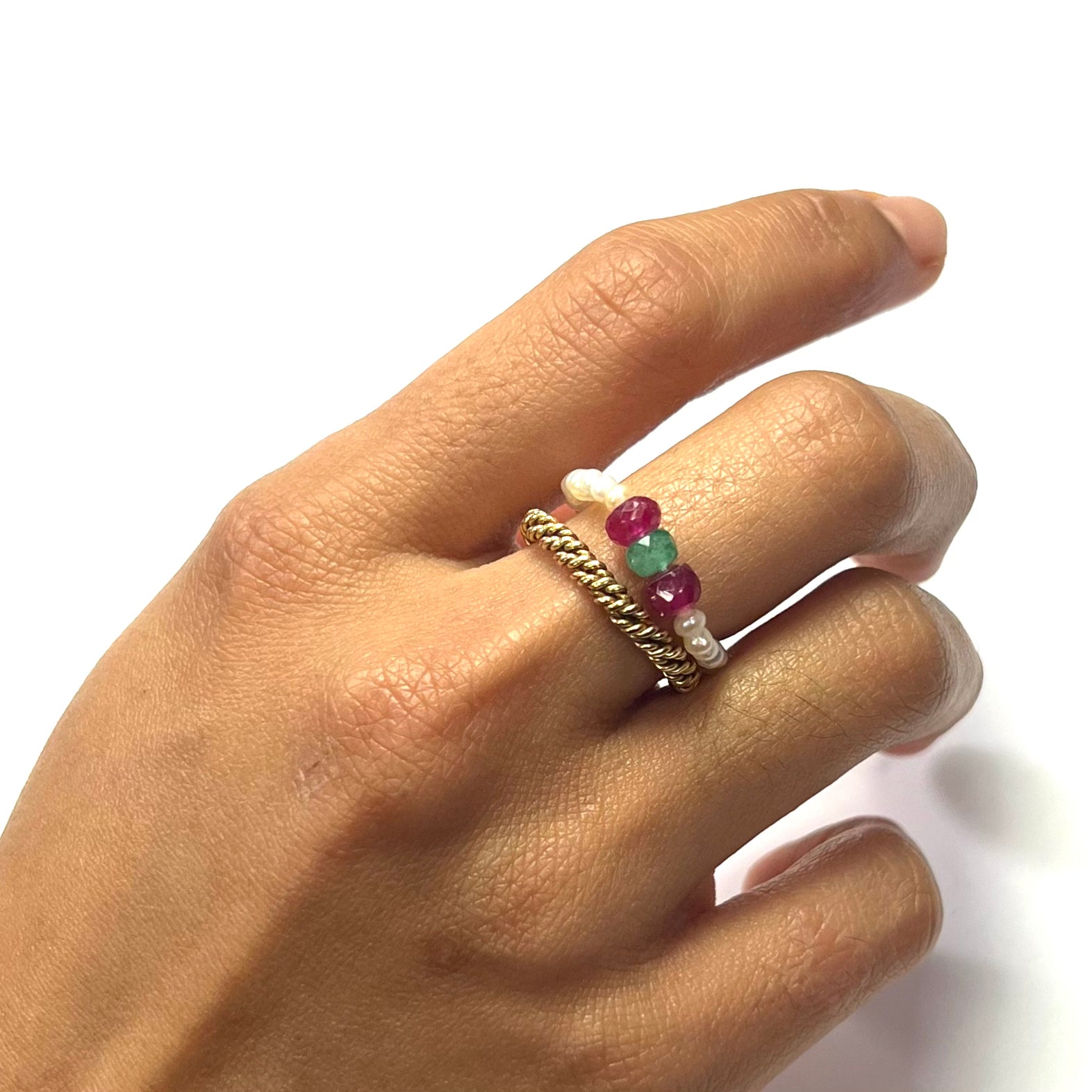 Natural Seed Pearl Eternity Rough Emerald and Ruby Ring size 7