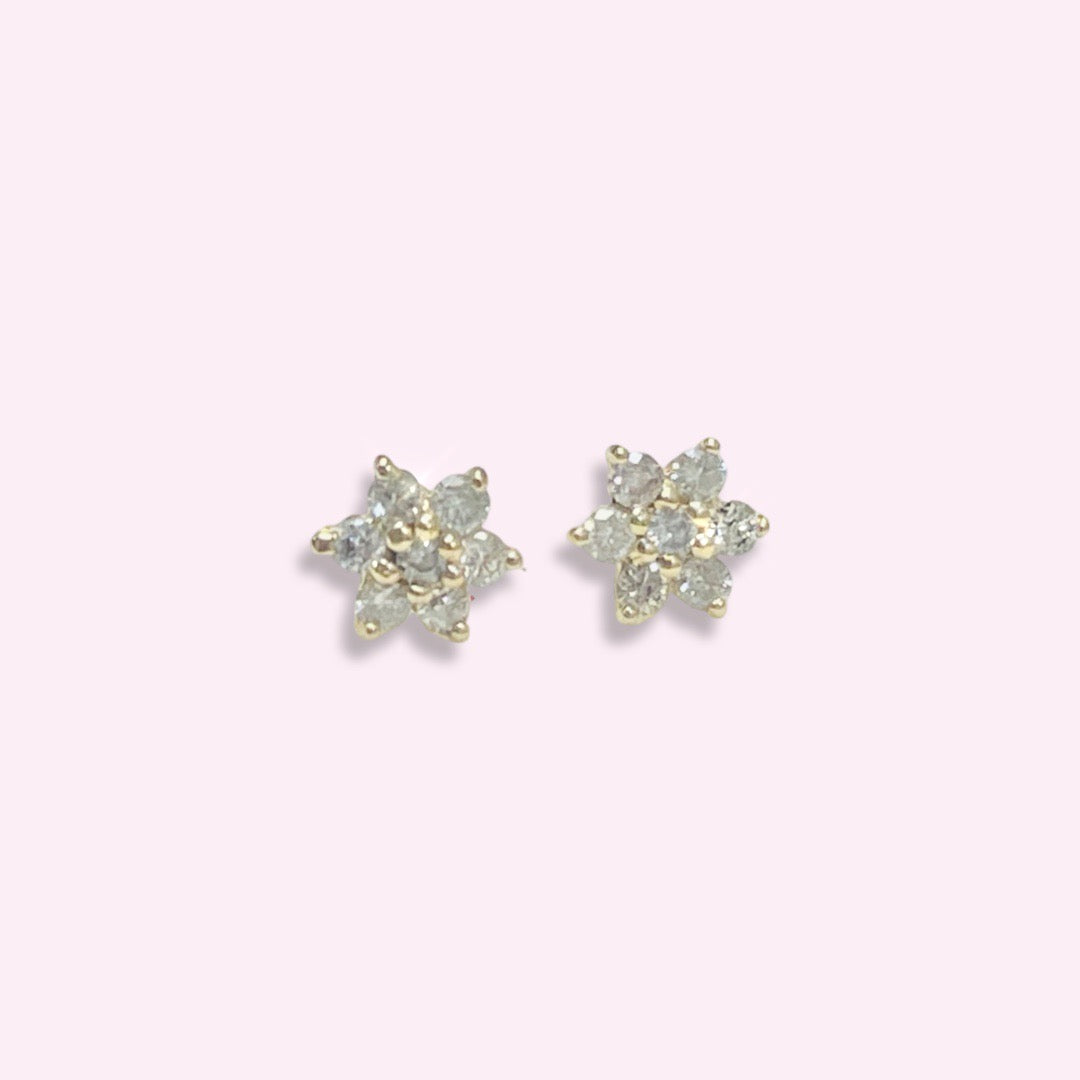 .14CT Diamond Flower Cluster Earrings 14K Yellow Gold