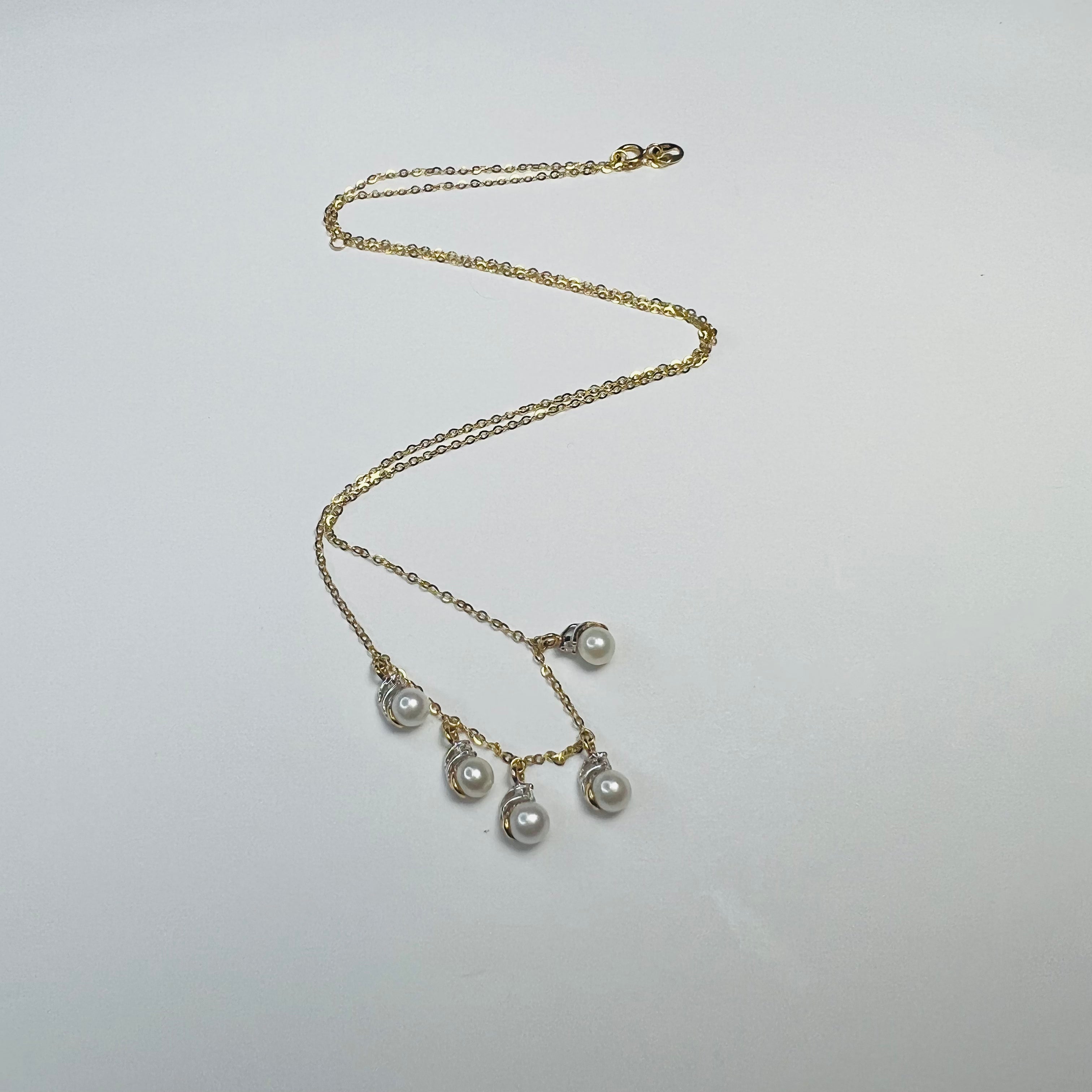 Pearl and Diamond 16"-18" 14K Yellow Gold Cable Chain Necklace