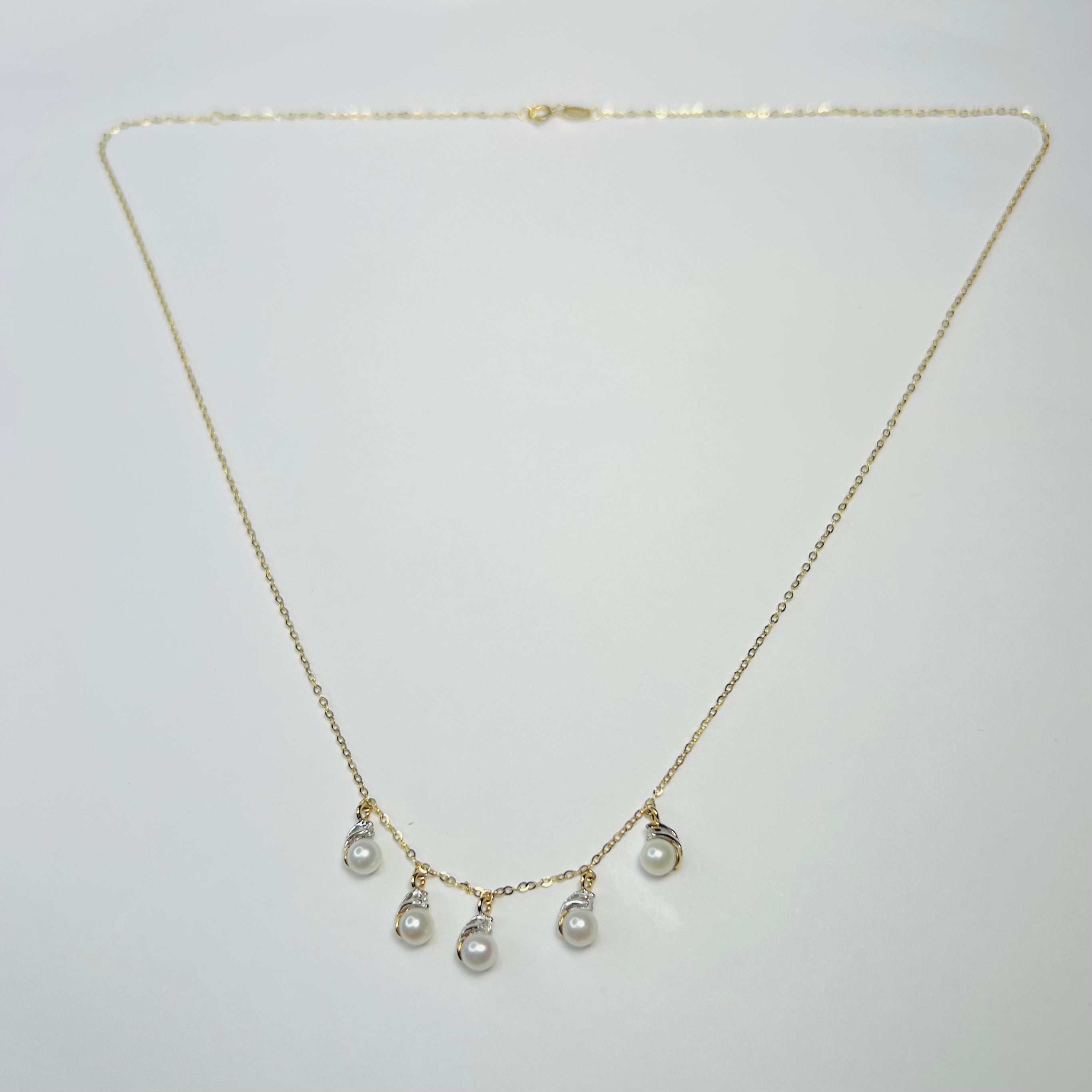 Pearl and Diamond 16"-18" 14K Yellow Gold Cable Chain Necklace