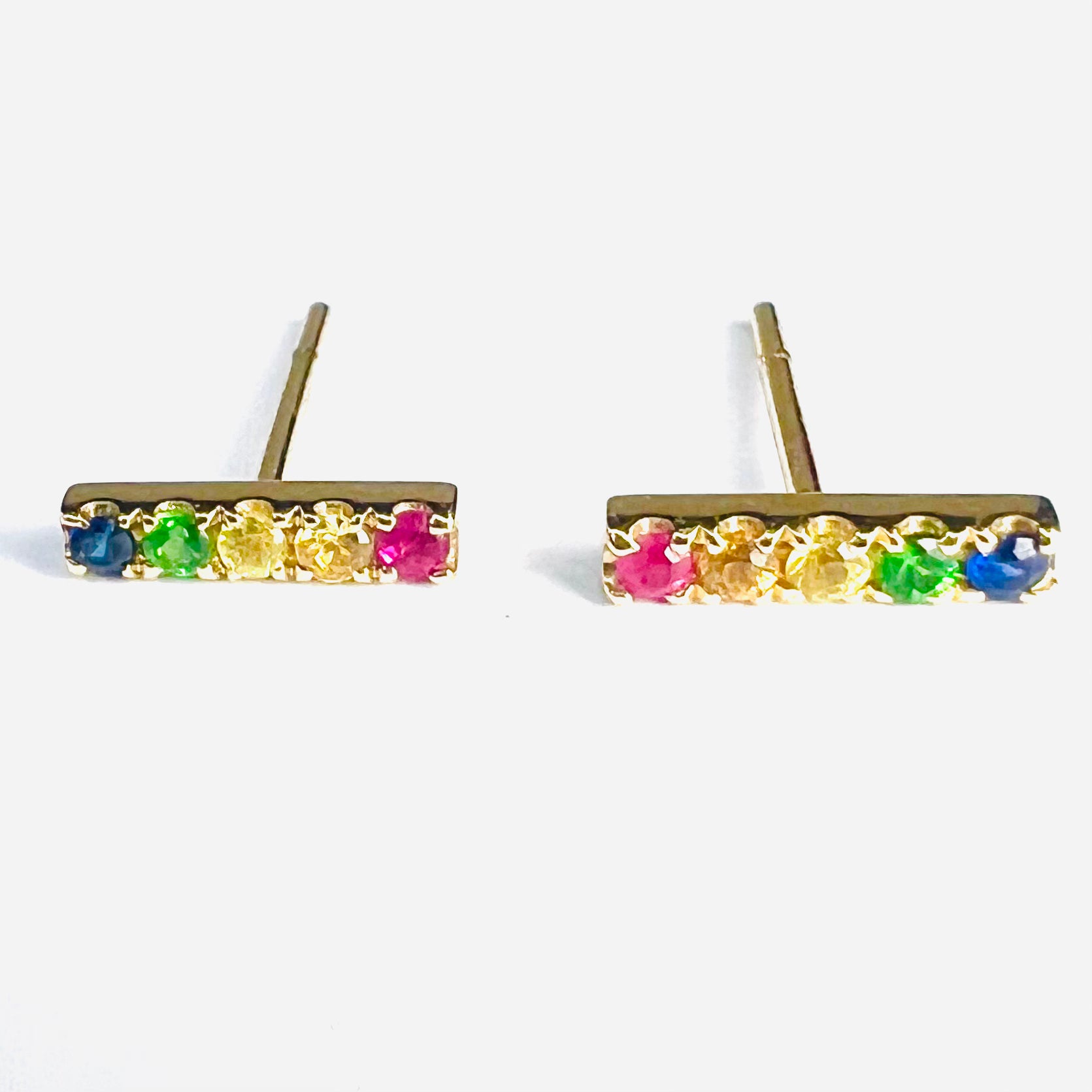 Natural Sapphire 14K Yellow Gold Rainbow Bar Earrings Multi Stone 10x2mm