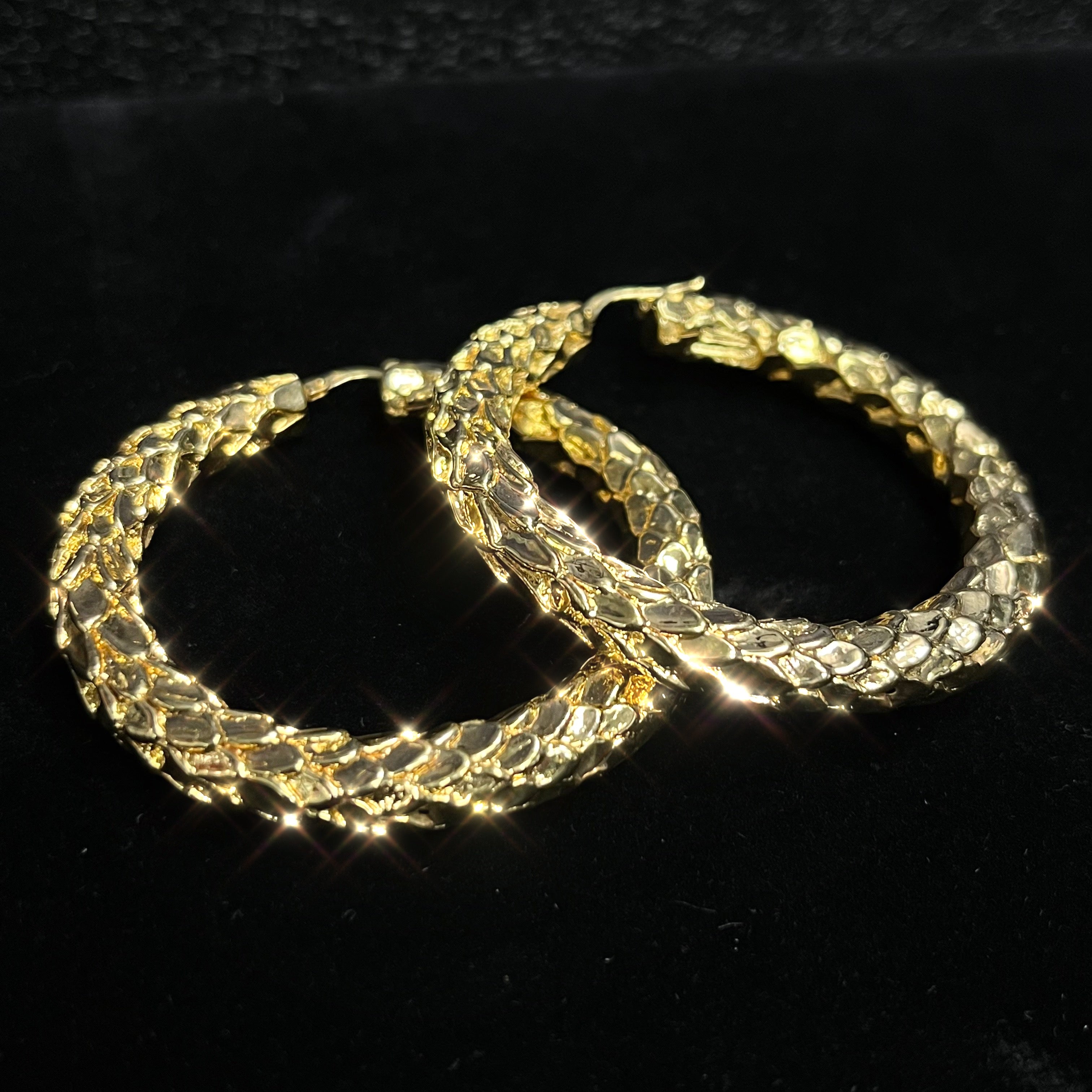 Cool Snake Skin 2.1" 14K Yellow Gold Puffy Hoop Earrings