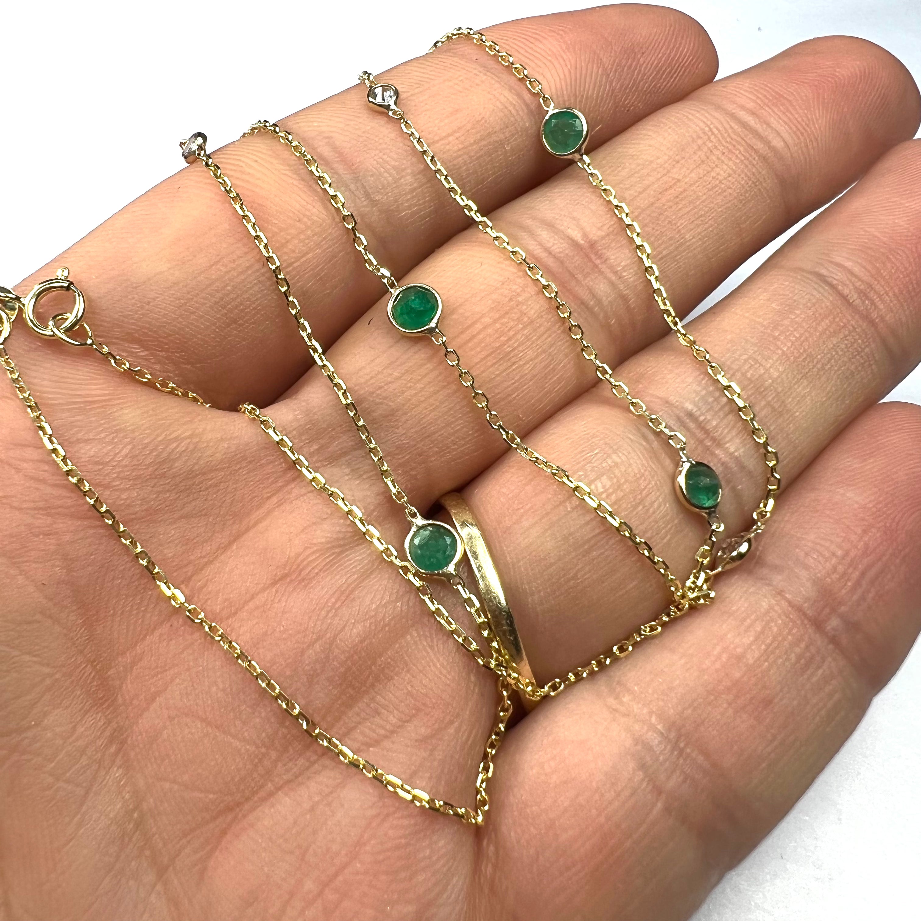 14K Yellow Gold 4 Emerald 3 Diamond by the Yard Necklace 16"