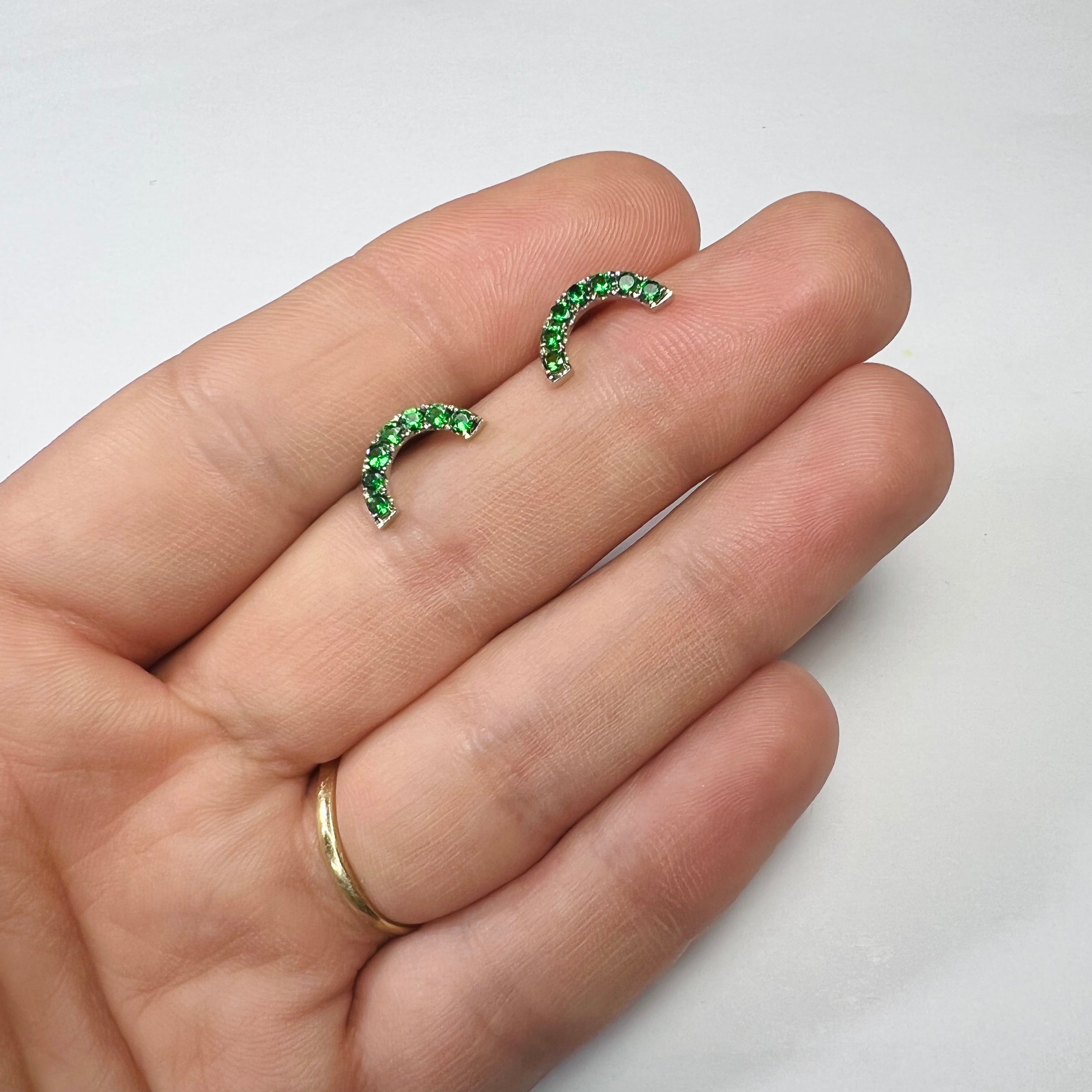 Solid 14K White Gold Crescent Moon Tsavorite Studs 12x6mm