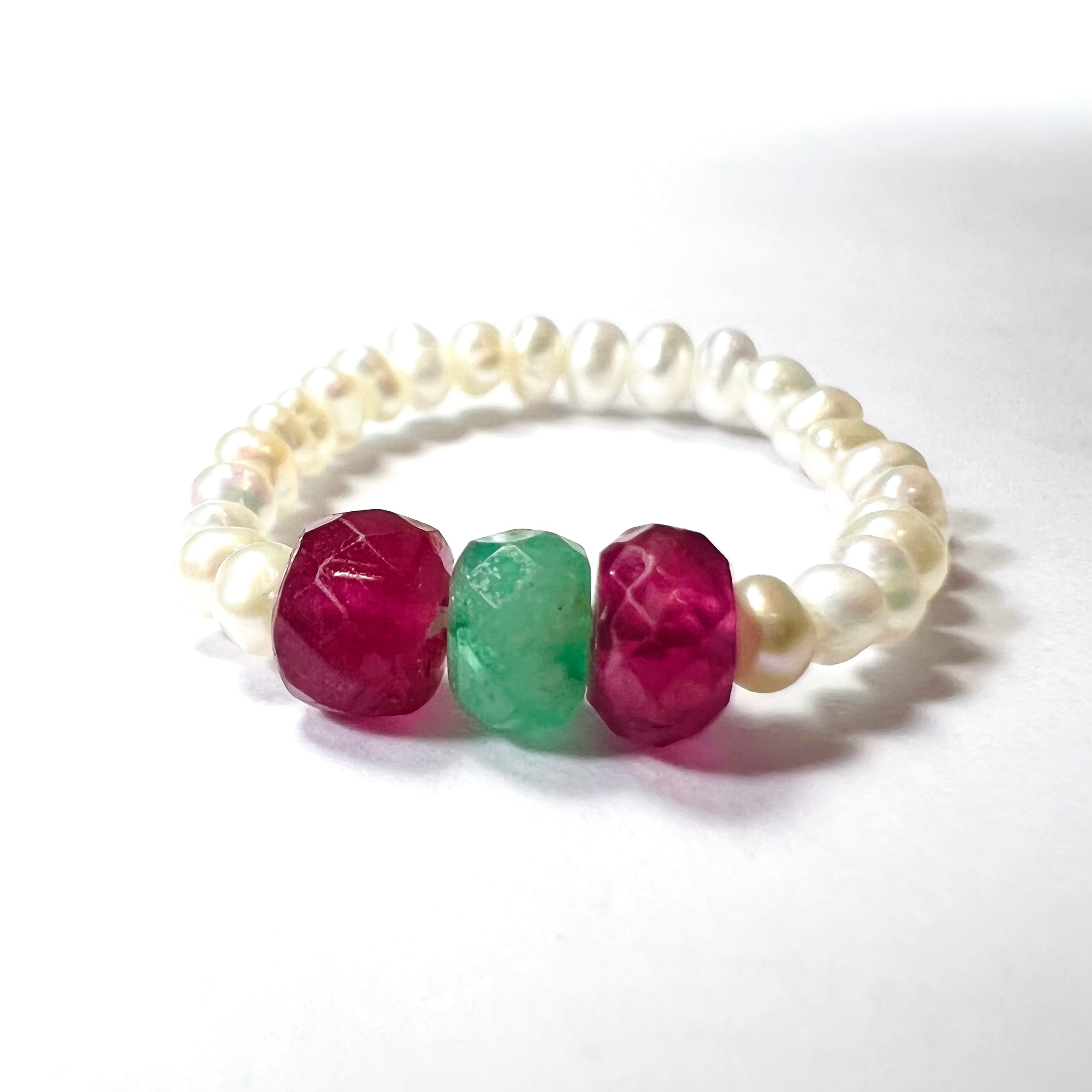 Natural Seed Pearl Eternity Rough Emerald and Ruby Ring size 7