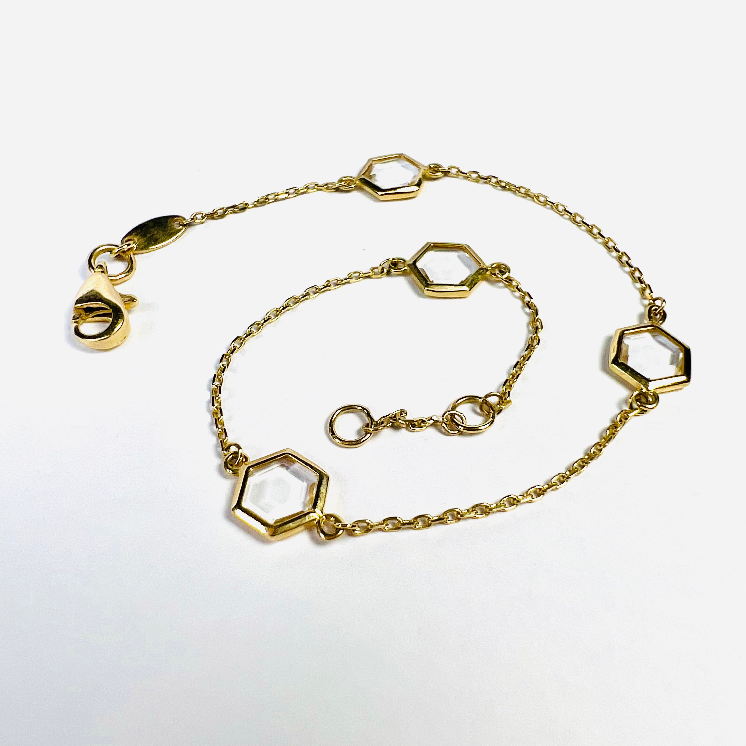 Solid 14K Yellow Gold Hexagon Quartz Cable Chain Bracelet 7.5"