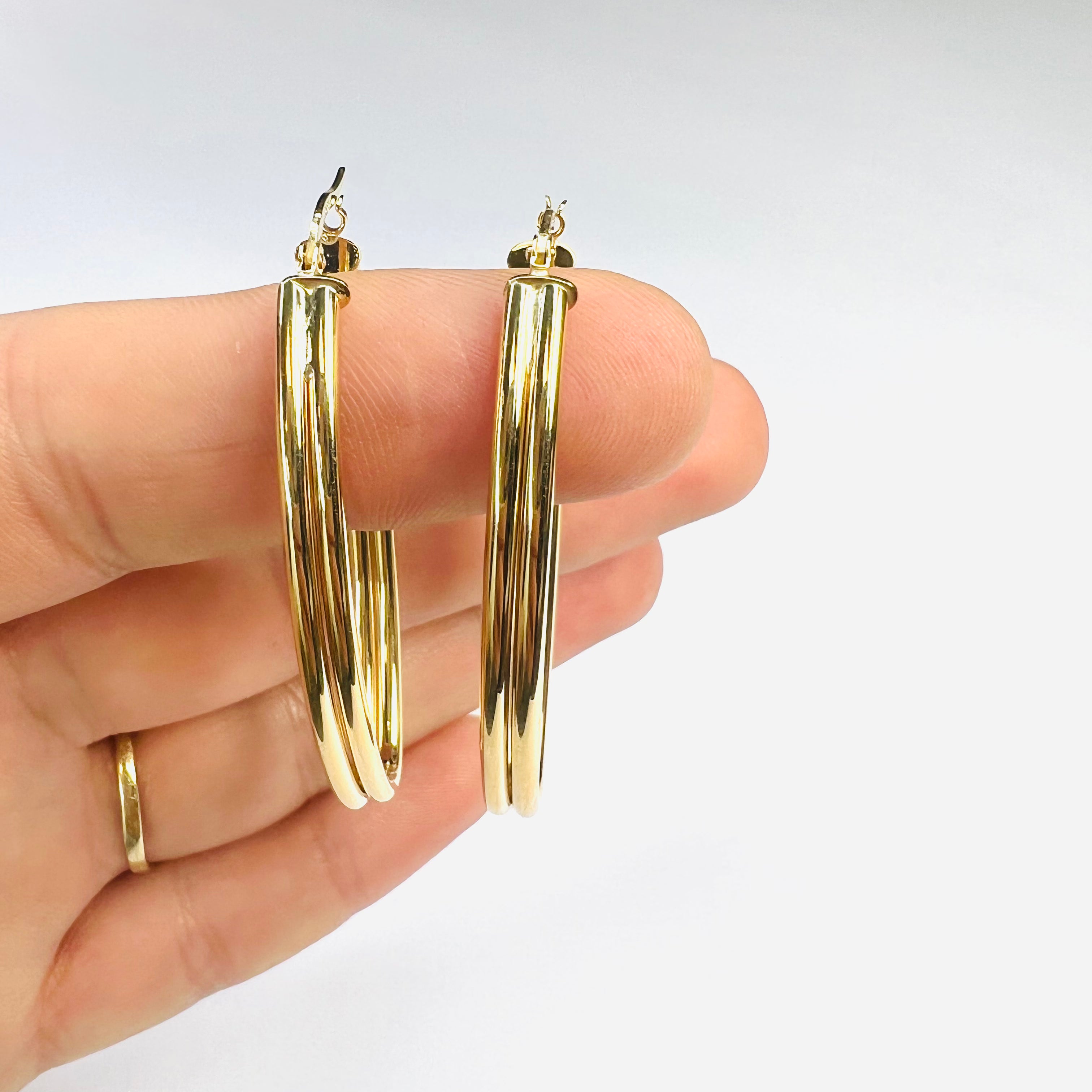 Beautiful New 14K Solid Yellow Gold Double Marquise Hoop Earrings 1.75"x.90"