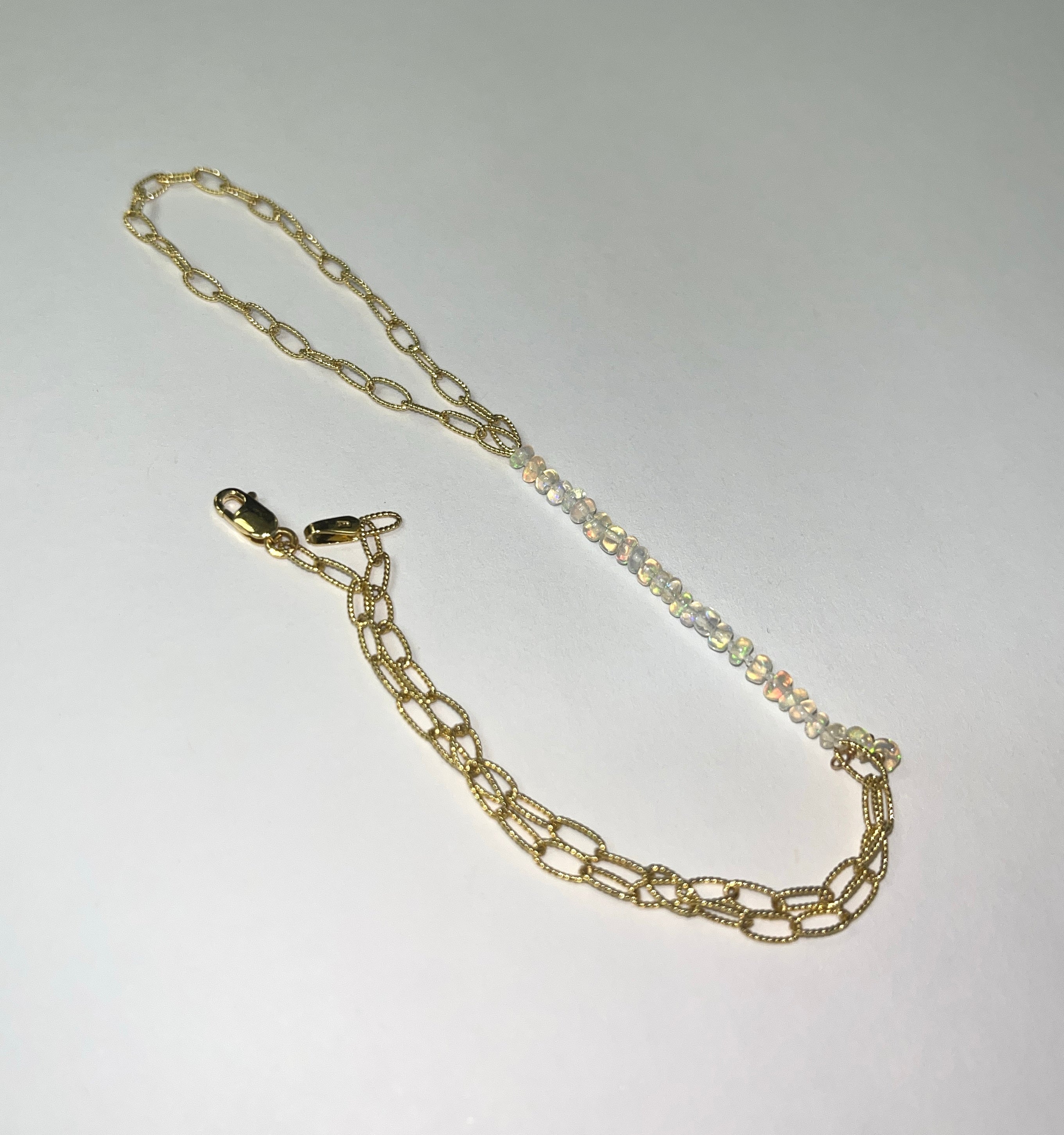 Beautiful Beaded Opal on a Textured 14K Yellow Gold Paperclip Hand Chain