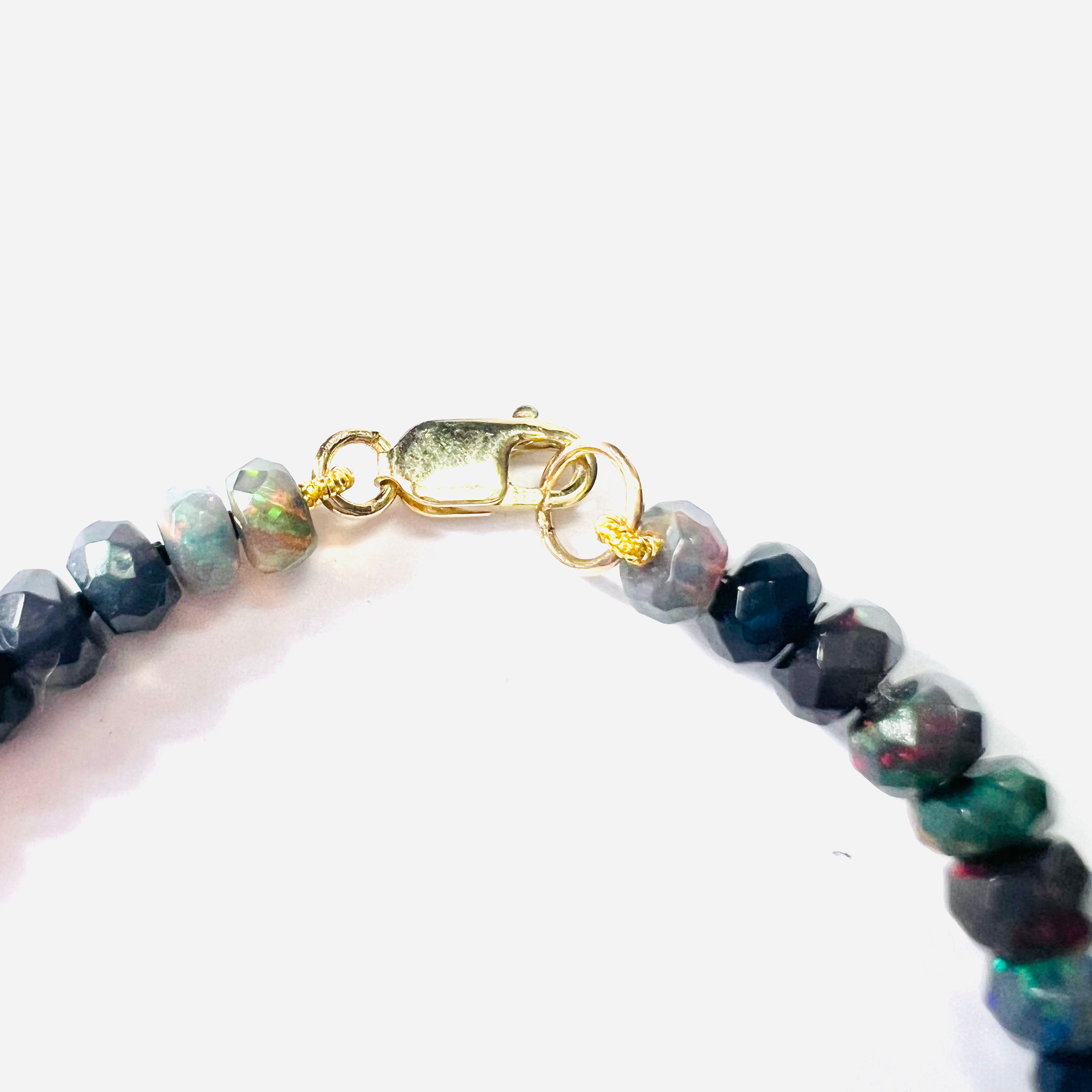 14K Yellow Gold Clasp Black Colorful Beaded Opal Bracelet 6.5"