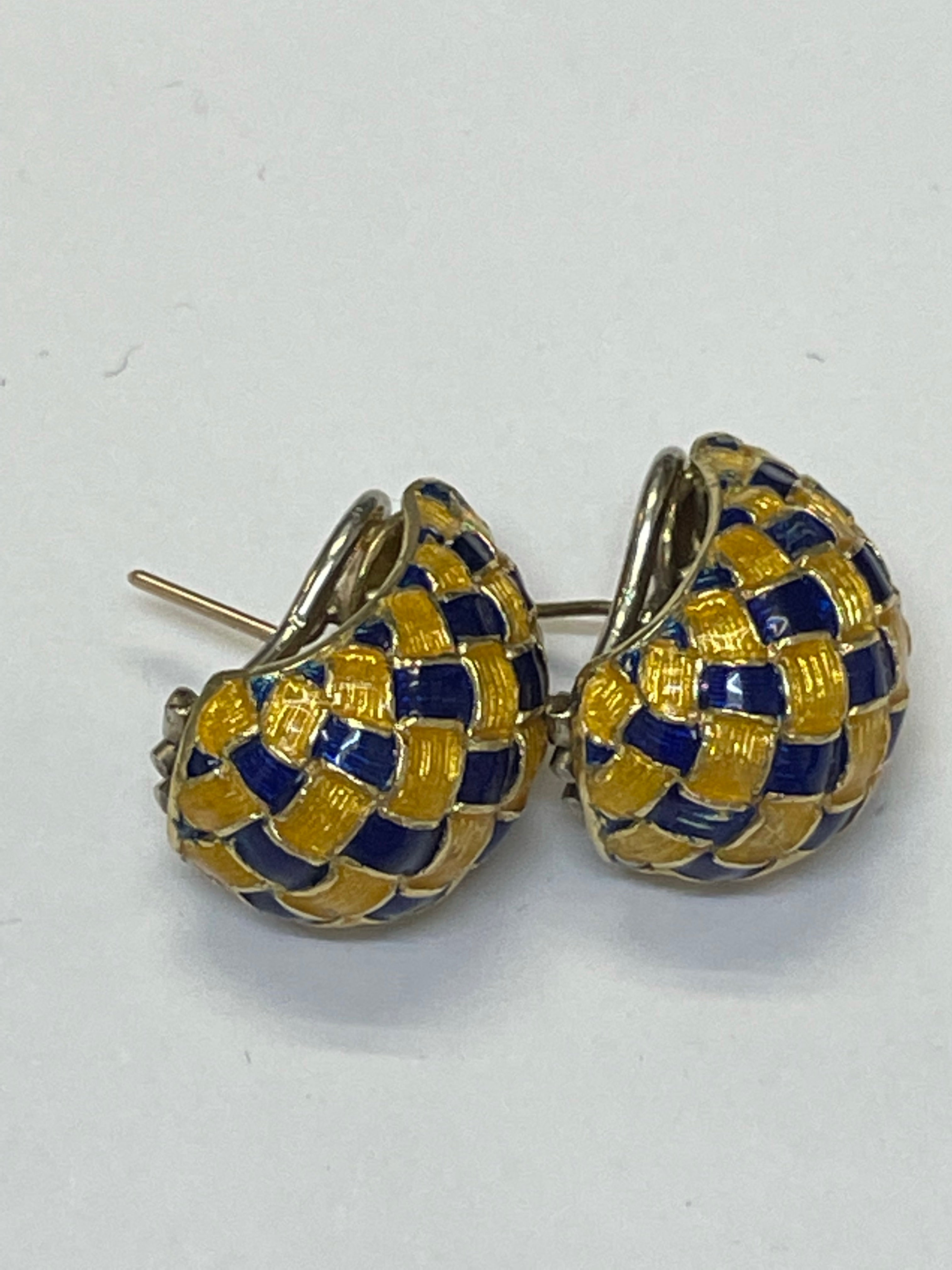 Solid 18K Yellow Gold Italian Vintage Enamel Earrings