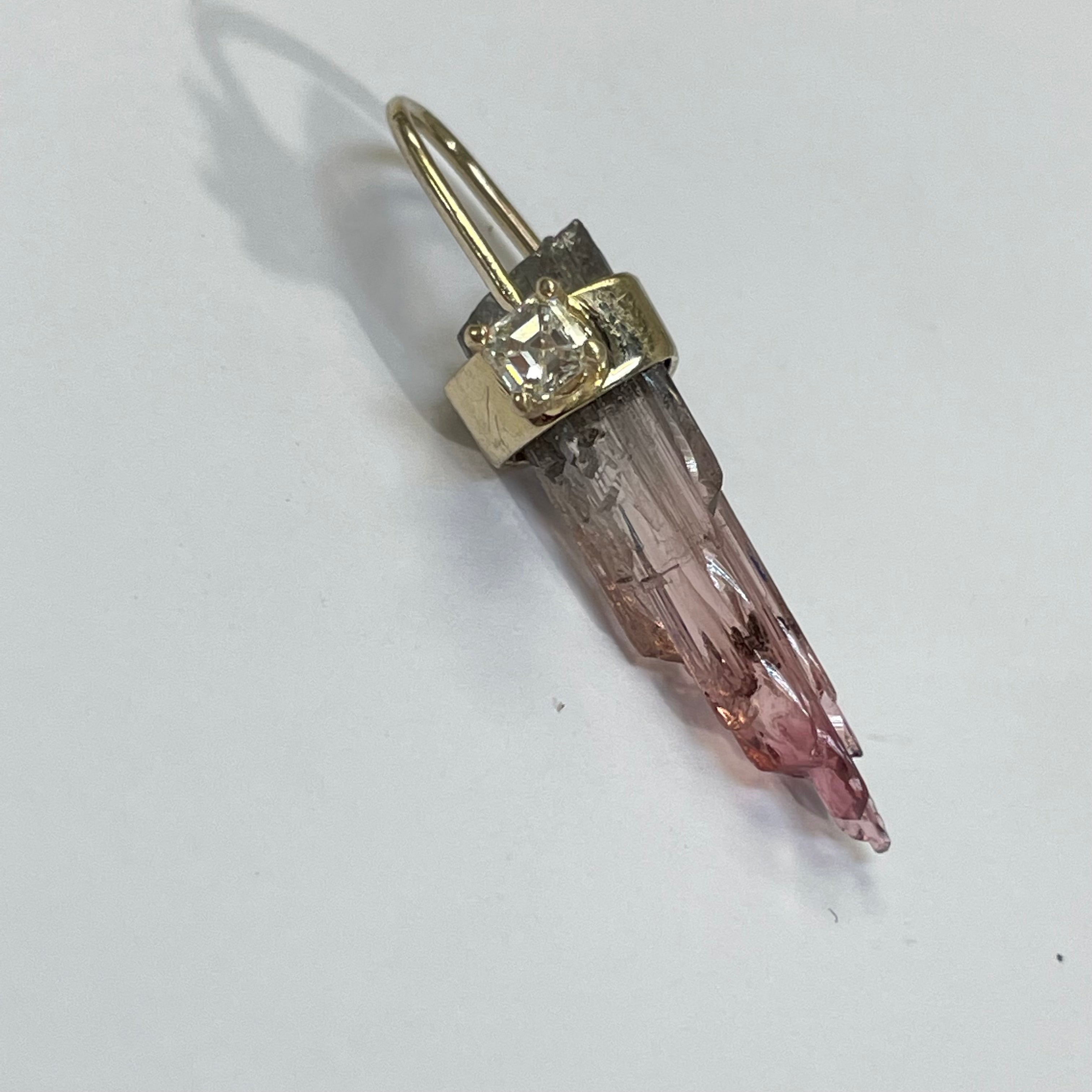 Rough Pink Tourmaline and Diamond 14K Yellow Gold Amulet