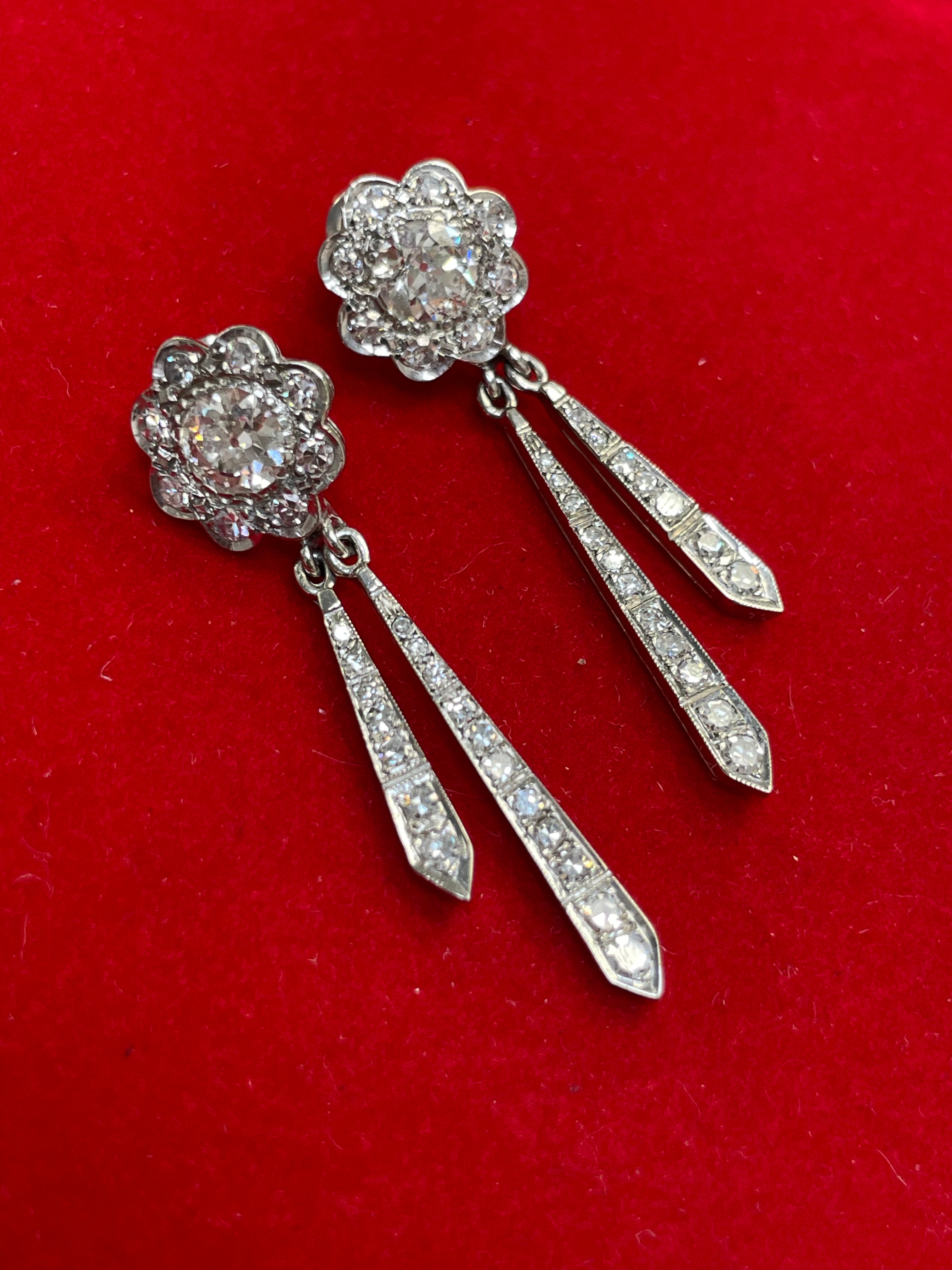 Art Deco 3.37CT Old Mine Cut Diamond Platinum Drop Earrings