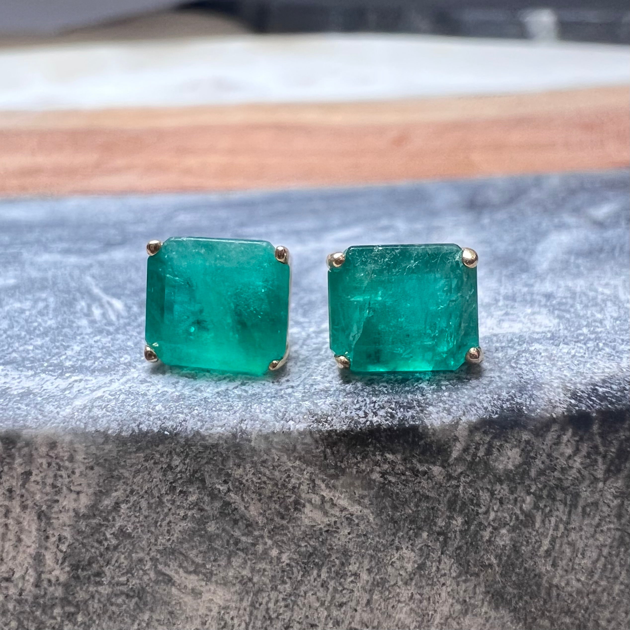 2.4CT Colombian Emerald  14K Yellow Gold Stud Earrings