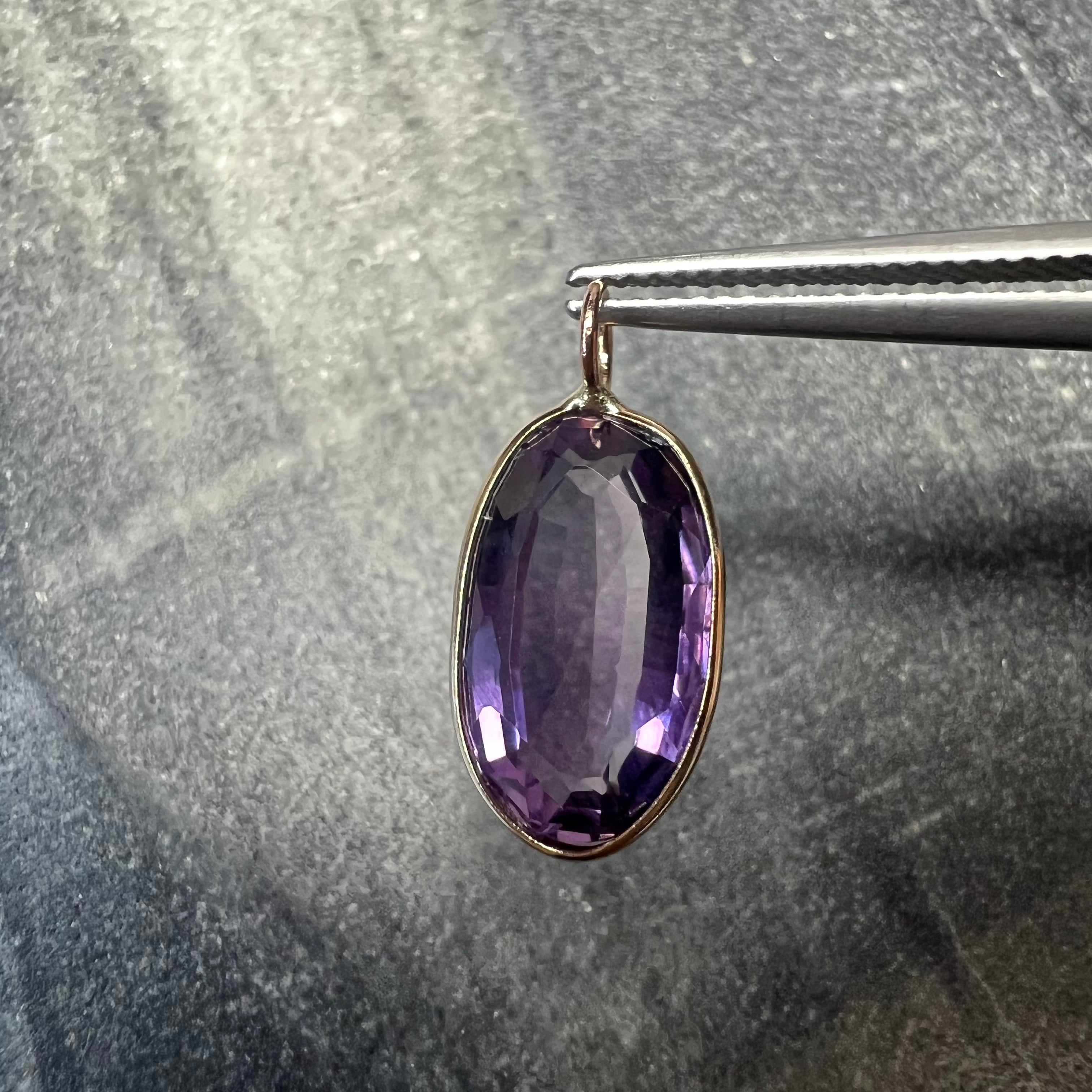 5.2CT Natural Long Oval Amethyst 14K Yellow Gold Pendant Charm 20x9mm