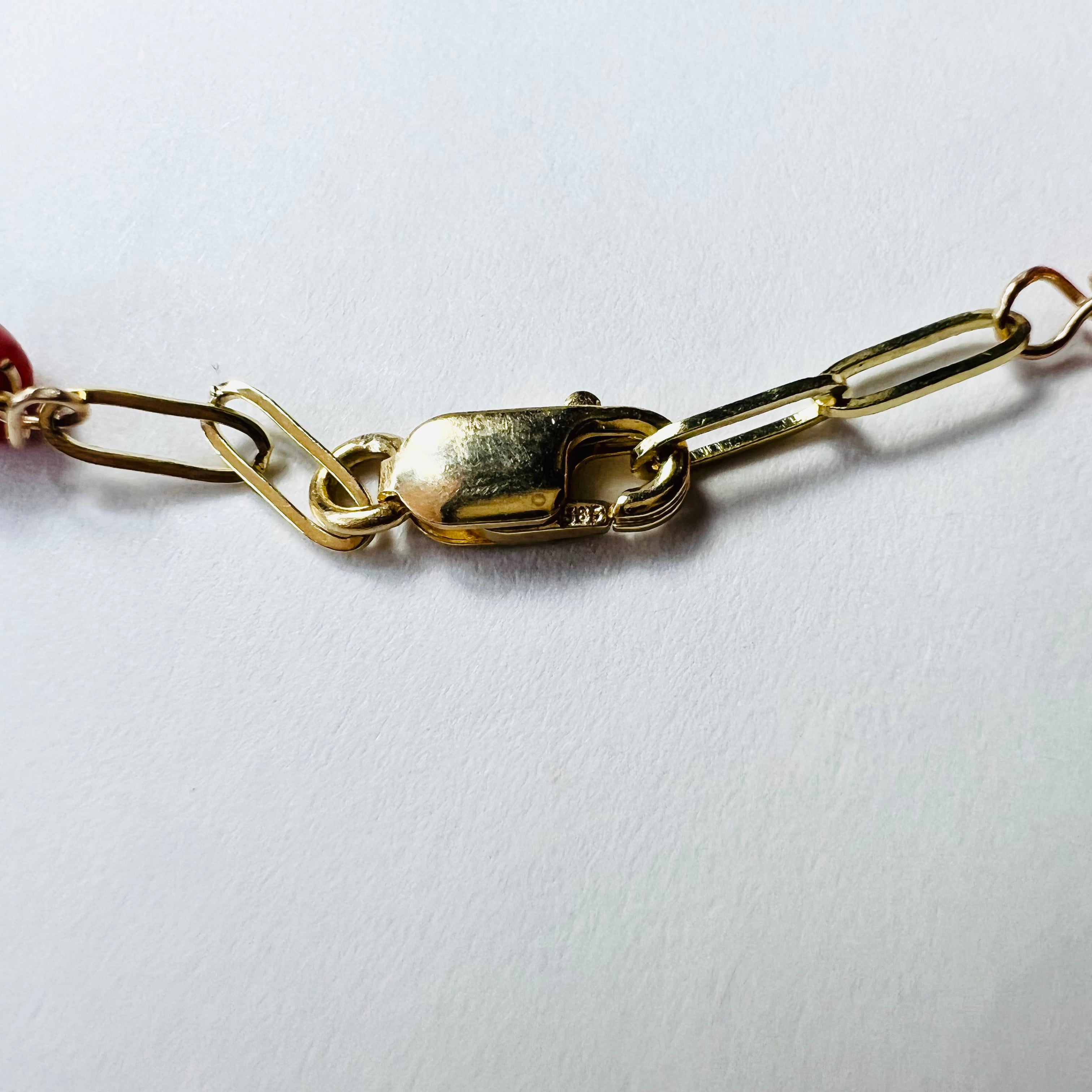 Solid 14K Yellow Gold Coral Beads Station Paperclip Anklet 10"