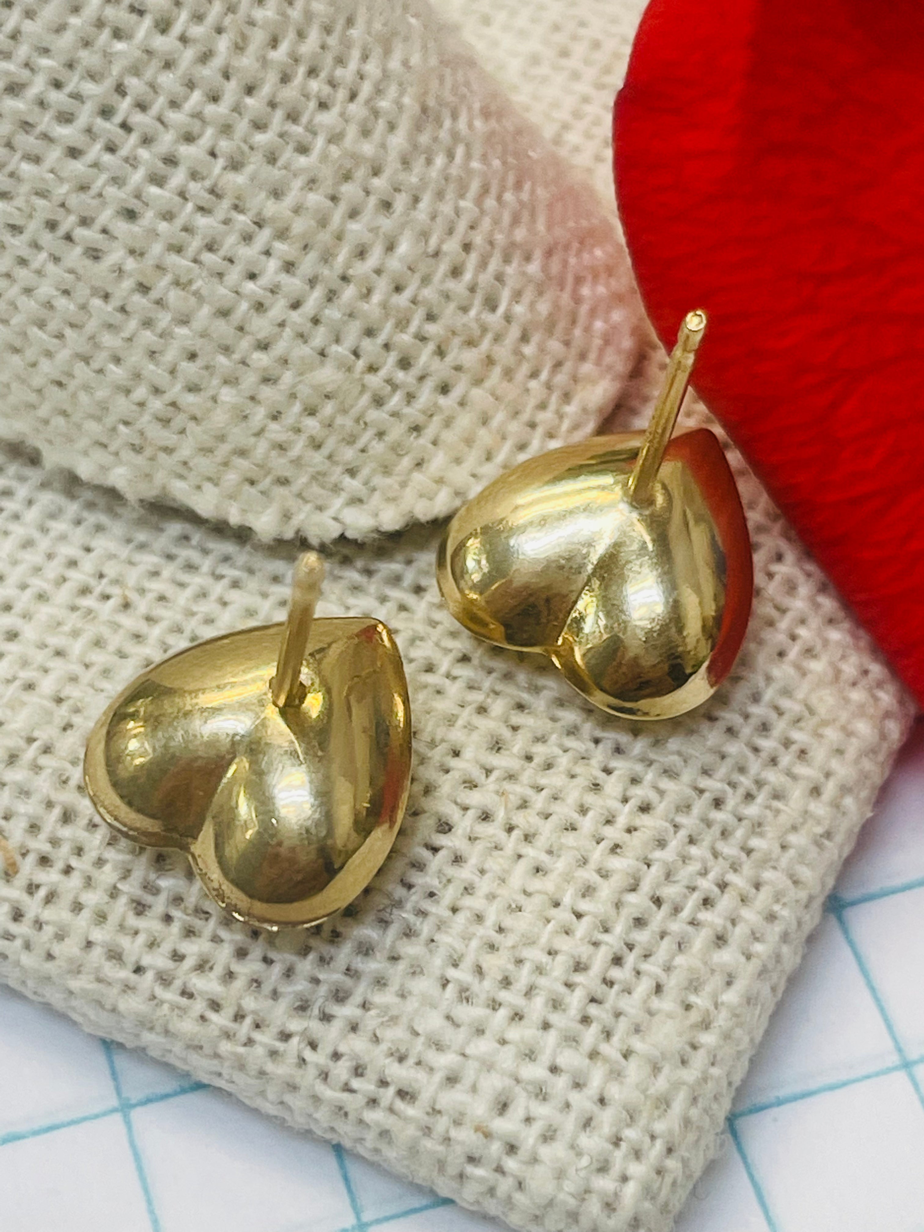 14K Yellow Gold Puffy Heart Stud Earrings