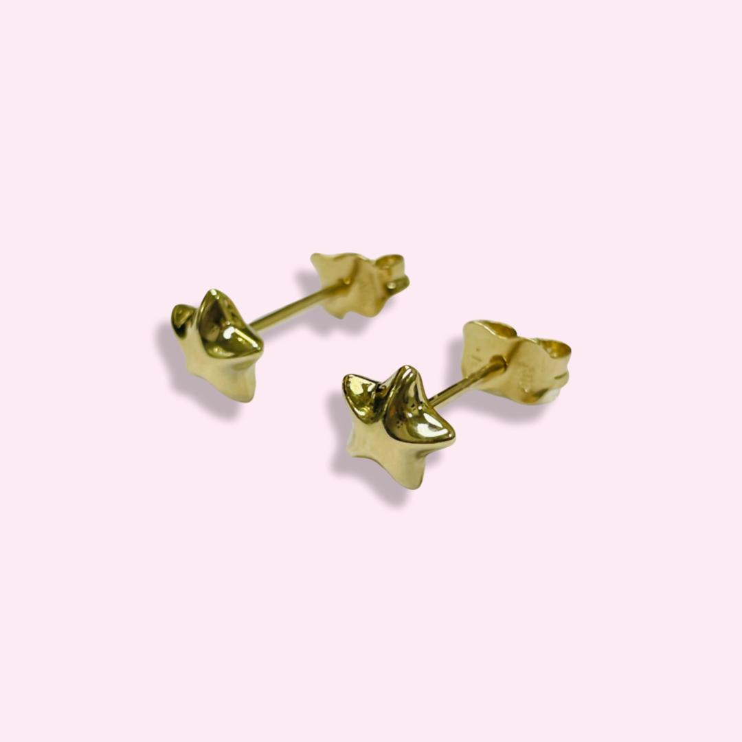 6mm Puffy Star Stud Earrings Solid 14K Yellow Gold