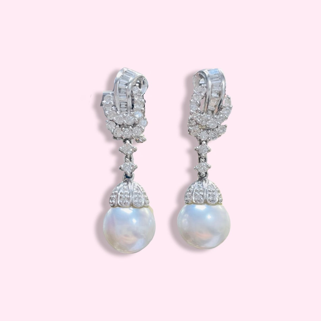 18K White Gold Diamond South Sea Pearl Drop Earrings