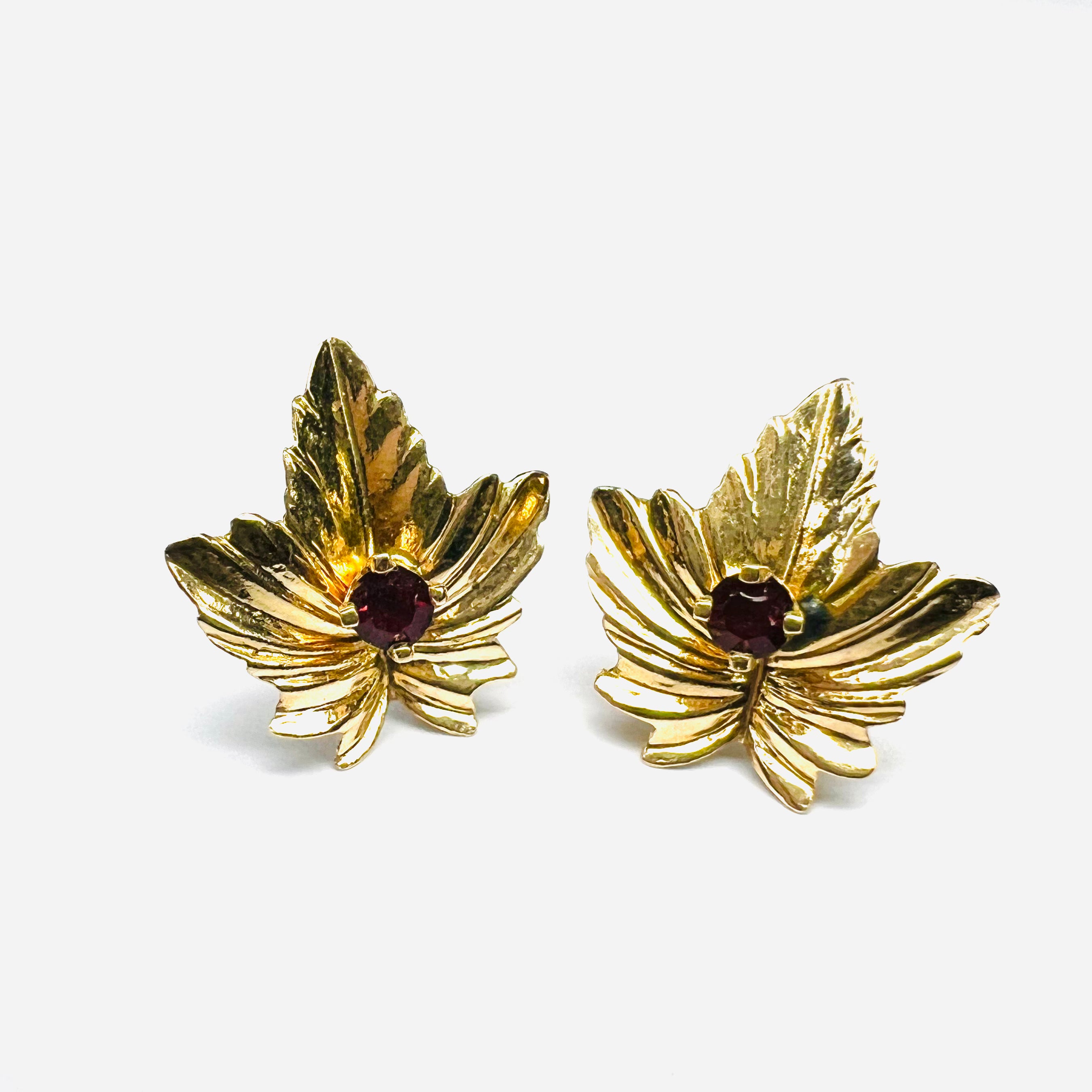 14K Yellow Gold Fall Leaf Red Cubic Zirconia Pushback Earring Studs 11x10mm