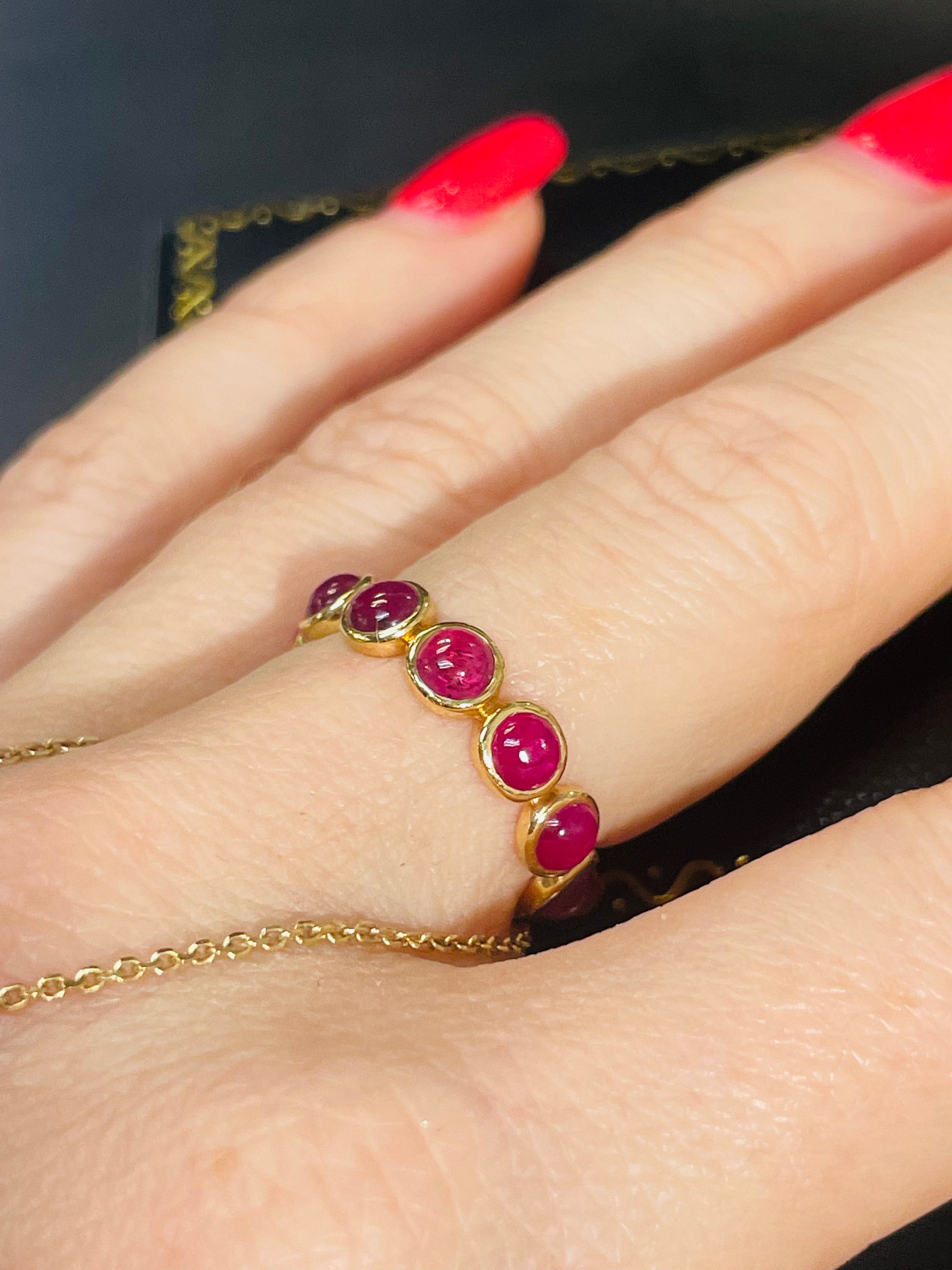 18K Yellow Gold Natural Round Cabochon Ruby Eternity Ring Size 5.75