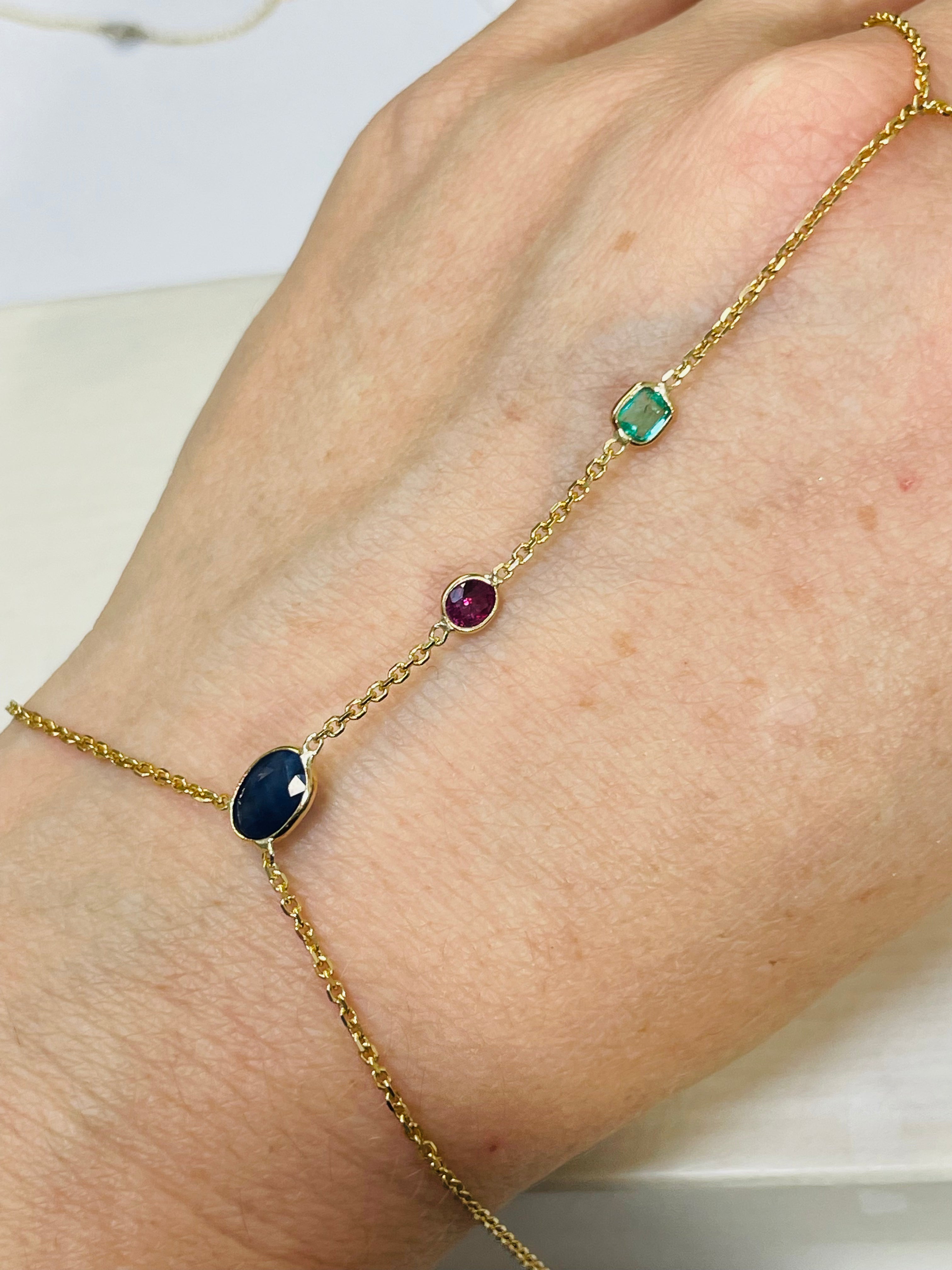 Emerald Ruby Sapphire Hand Chain Solid 14k Yellow Gold