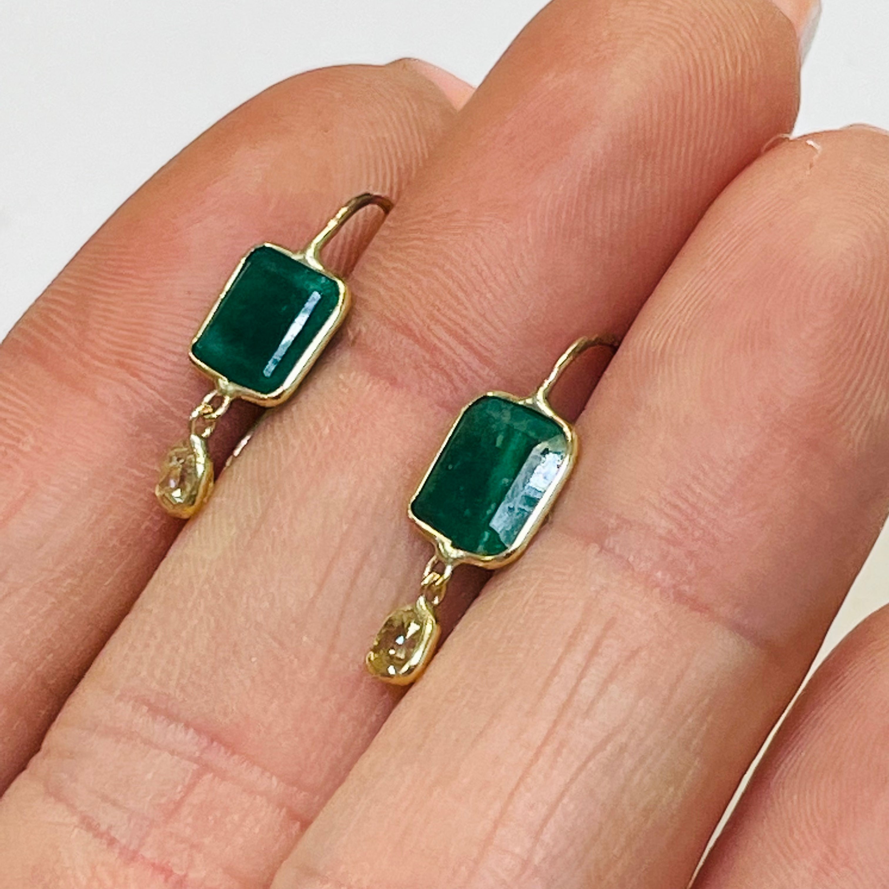 2.7CT Emerald and .30CT Yellow Diamond 14K Yellow Gold Drop Down Earrings