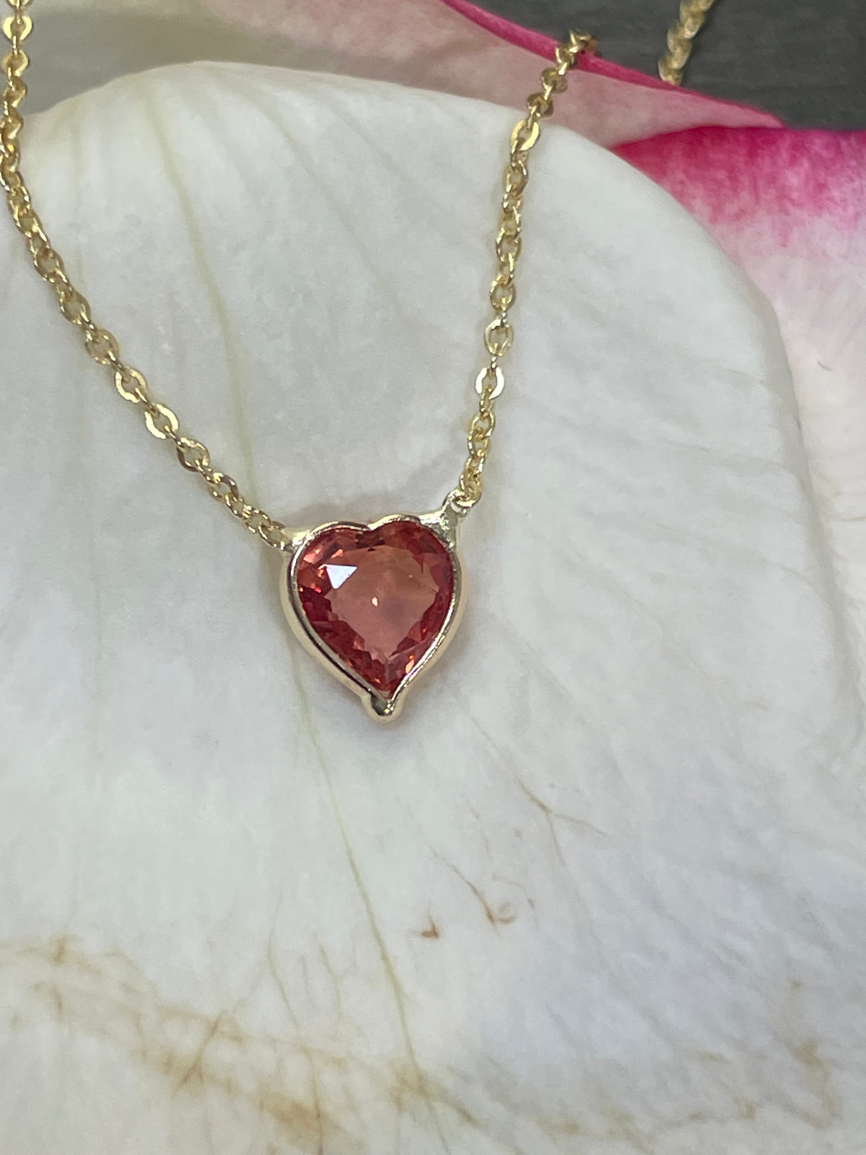 Natural Reddish Orange Sapphire Heart 14K Yellow Gold Necklace 16-18"