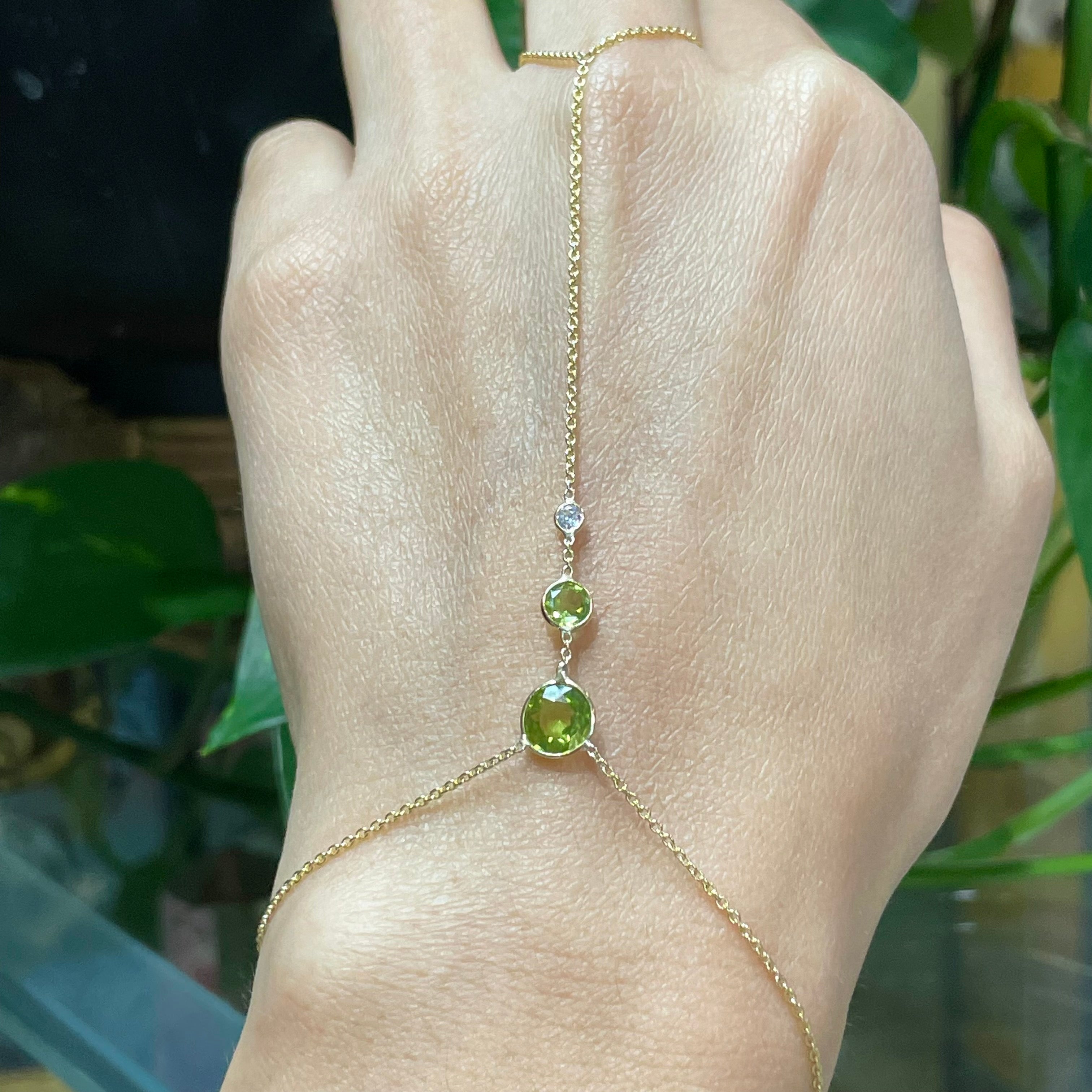 Diamond Peridot HandChain in solid 14k Yellow Gold