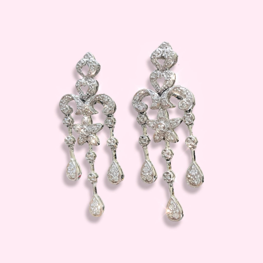 14K White Gold Diamond Chandelier Milgrain Drop Earrings