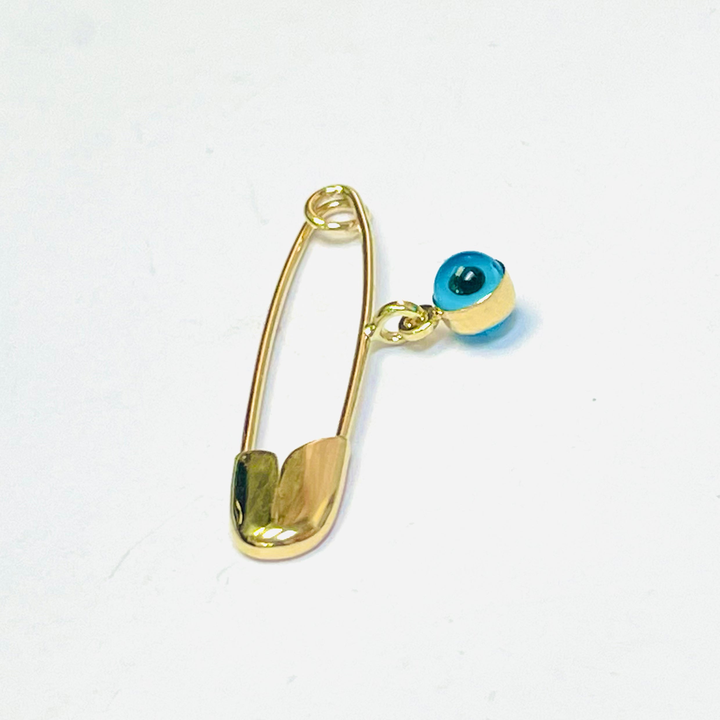 14K Solid Yellow Gold Safety Pin Pendant Charm Holder With Evil Eye 1"