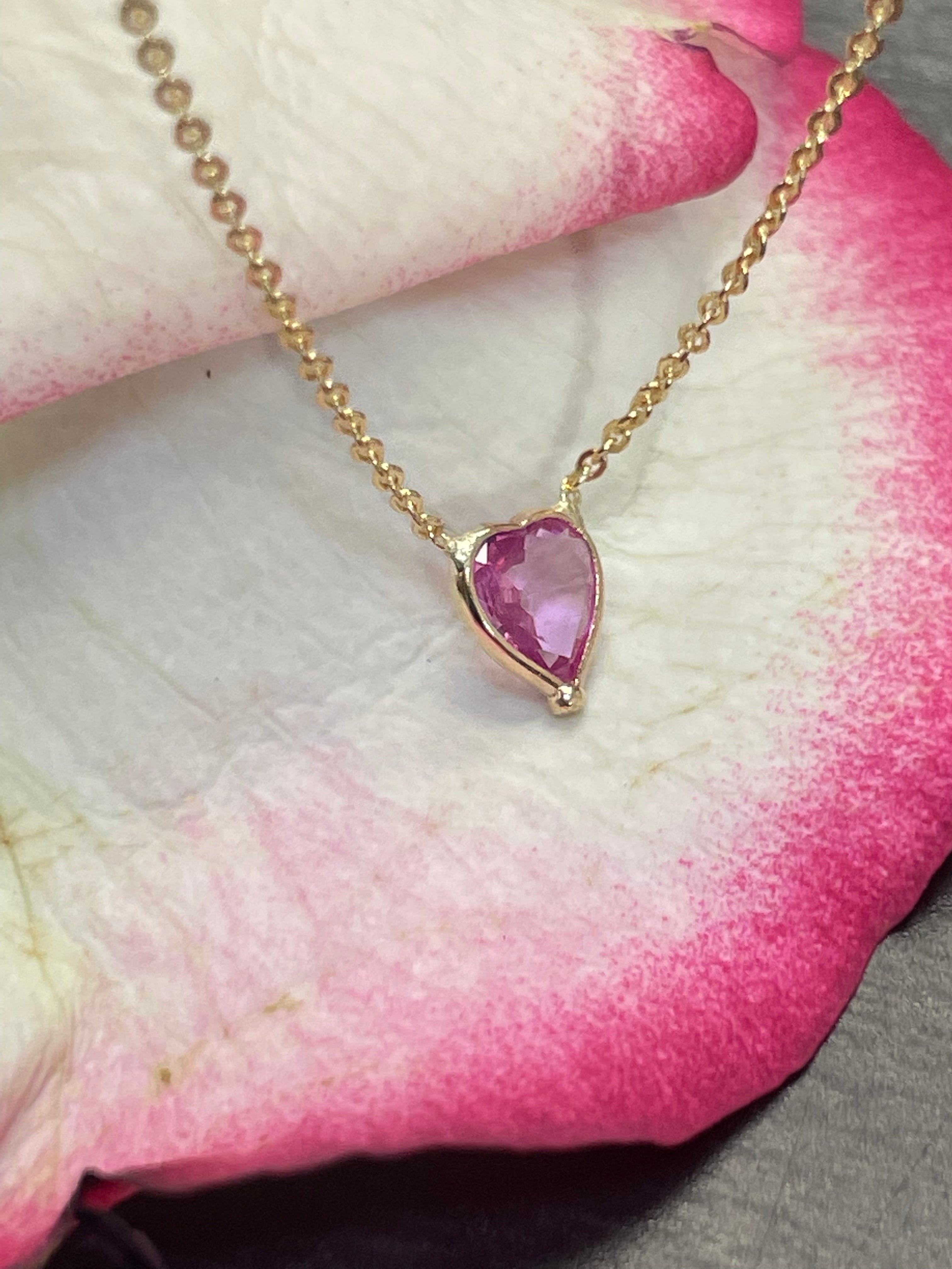 Natural Pink Sapphire Heart 14K Yellow Gold Necklace 16-18"