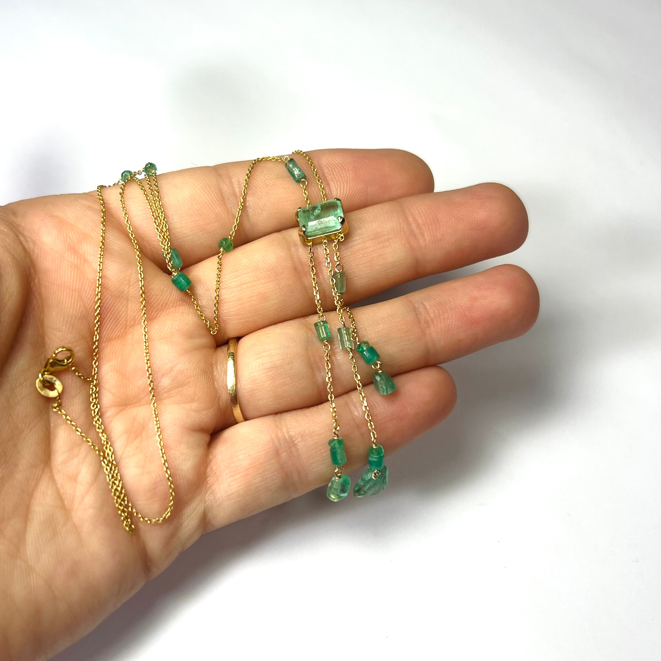 Rough Emerald Lariat 18.5" 14K Yellow Gold Necklace